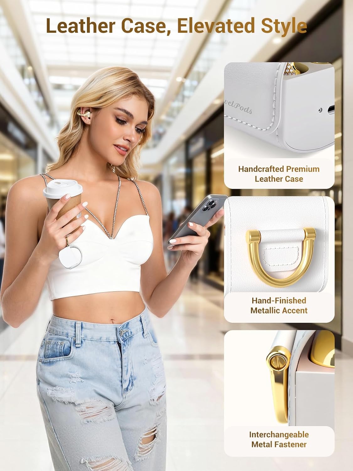 JewelPods C01 Pro Open Ear Headphones,Clip-on Earbuds Wireless Bluetooth with Crystal, Secure, Lightweight, Comfort-Premium Audio-Water Resistant-Up to 72 hrs Play, Leather Charging Case,Gift for Her - Image 5