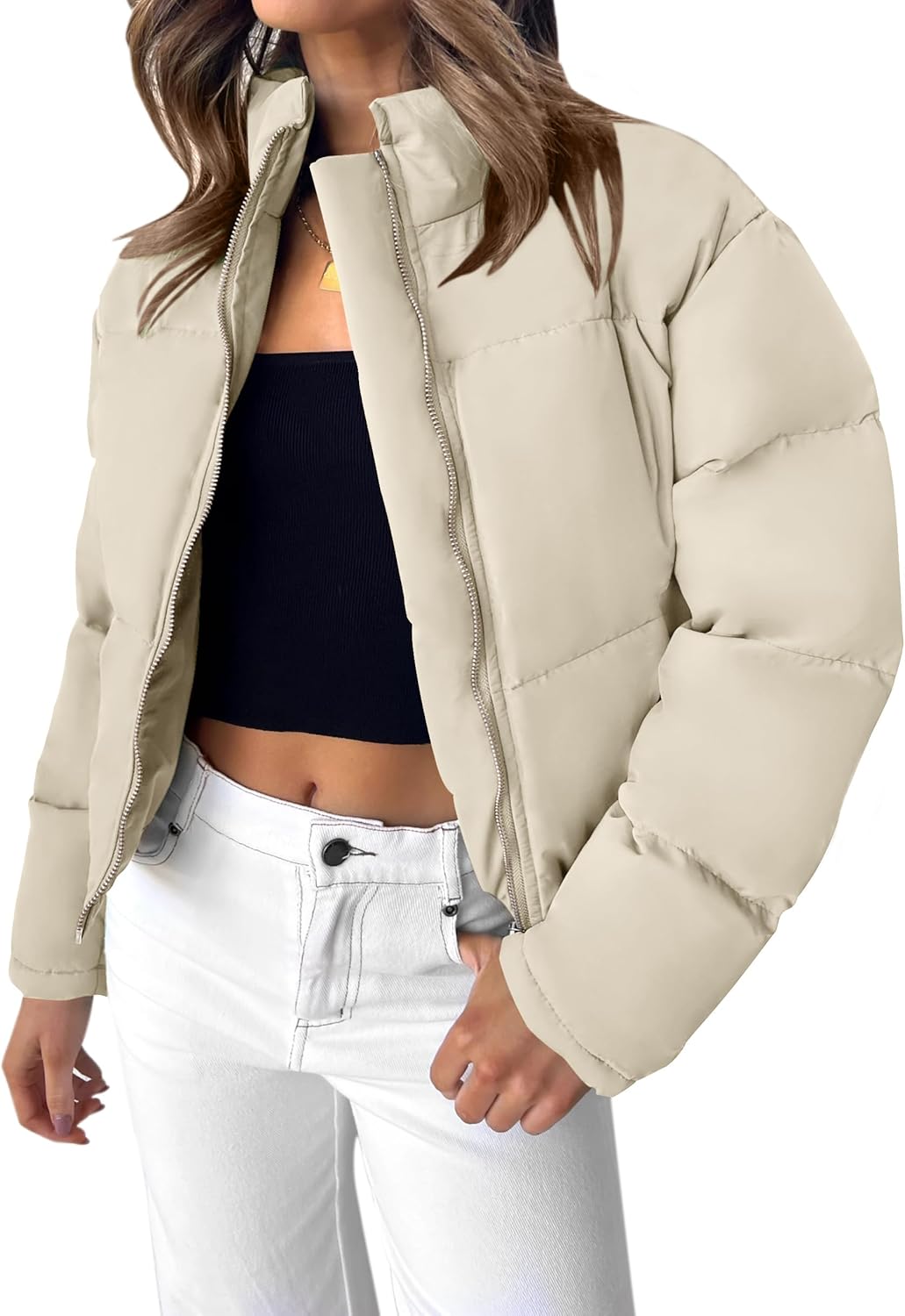ZESICA Women’s Long Sleeve Cropped Puffer Jacket Winter Zipper Quilted Baggy Warm Short Down Coat Outwear with Pockets