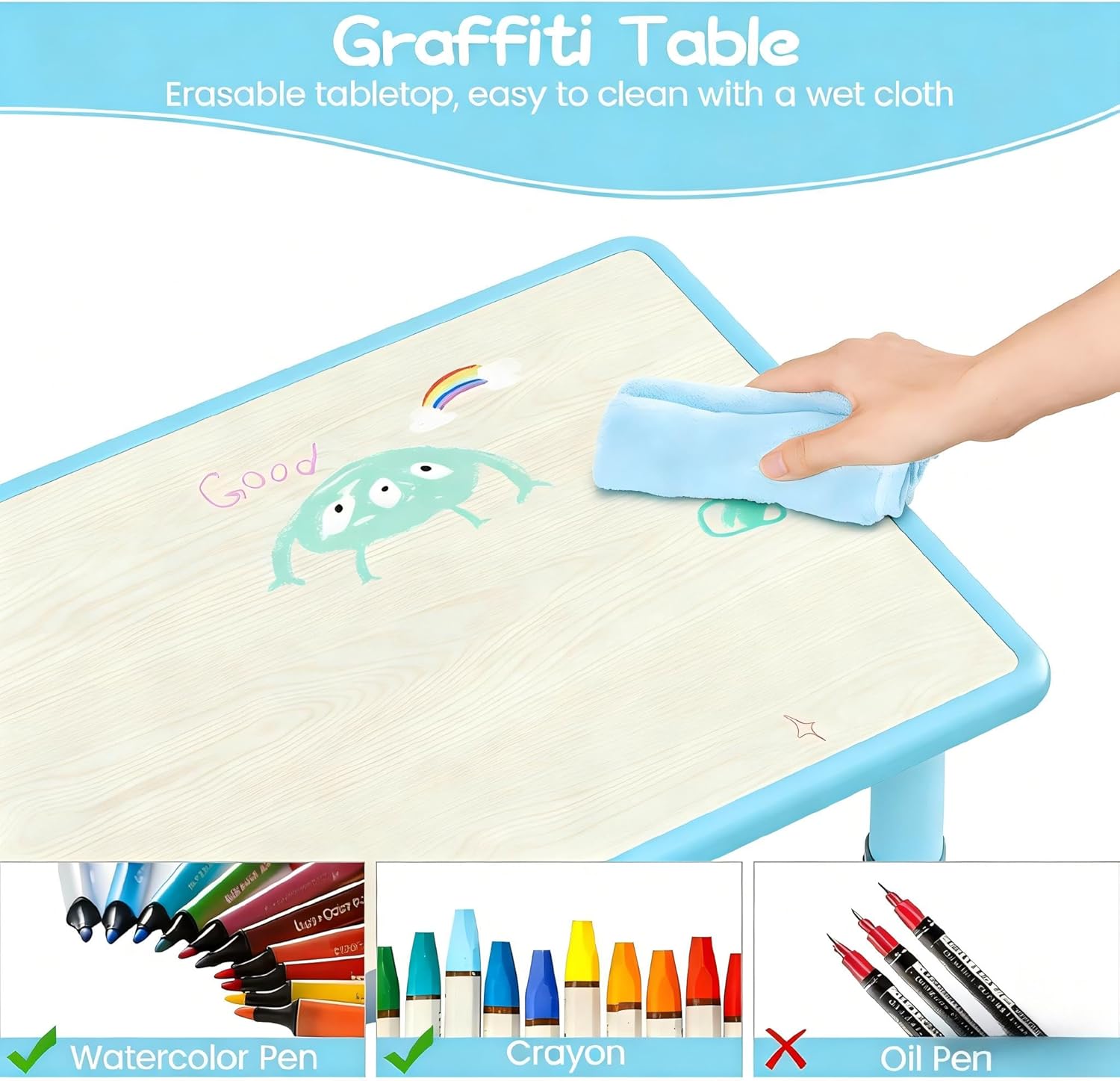 Kids Table and 2 Chairs Set, Height Adjustable Toddler Desk 31.5" L x 23.6" W and Chair Set, Graffiti Desktop, Classroom/Daycare/Home, Children Multi-Activity Table for Ages 3-8 (Blue)