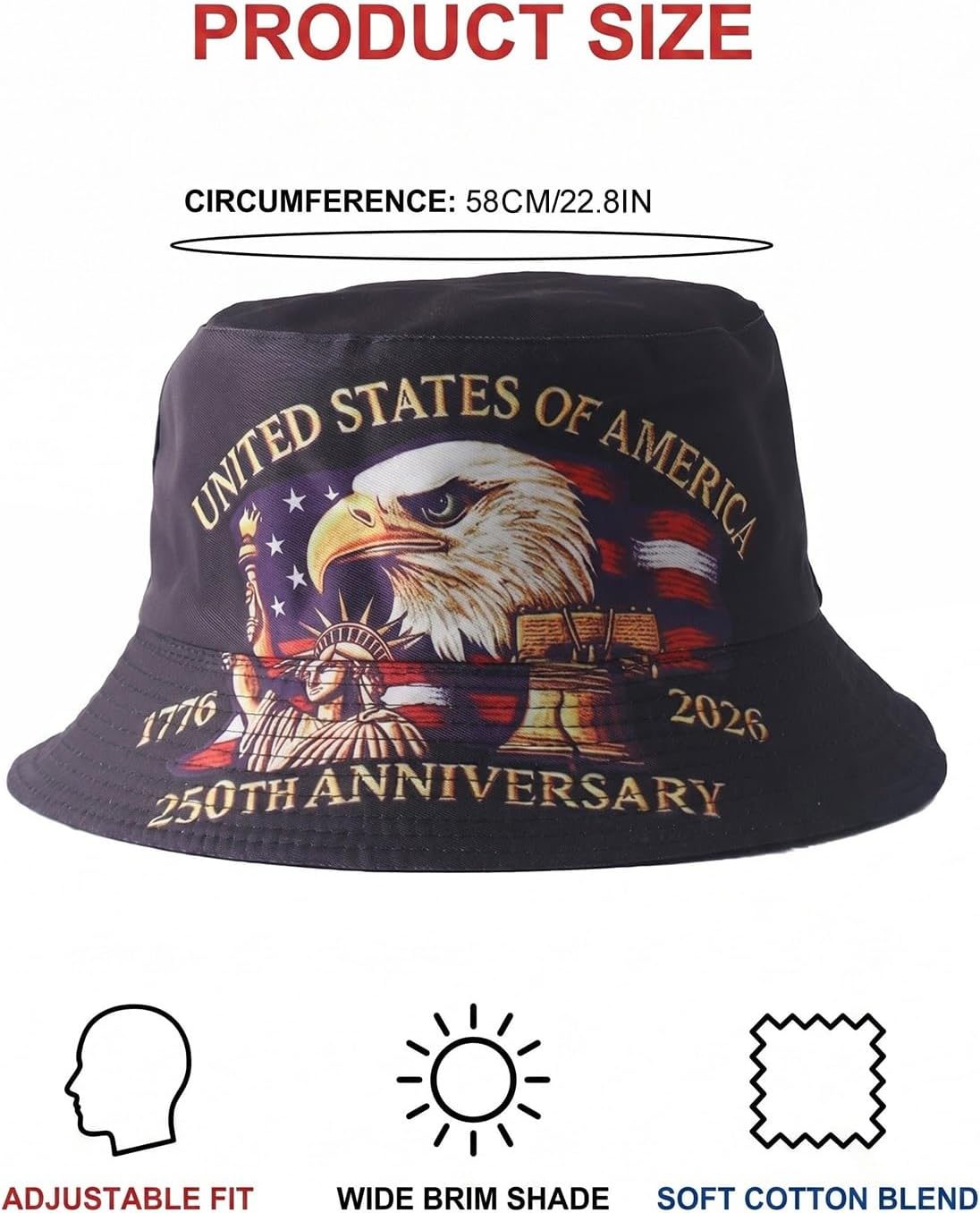 USA Bucket Hat 1 Pack 250th Anniversary Patriotic American Flag Fisherman Hat, Reversible Cotton Blend with Adjusted Strap, Provides Cool Shade and Secure Fit