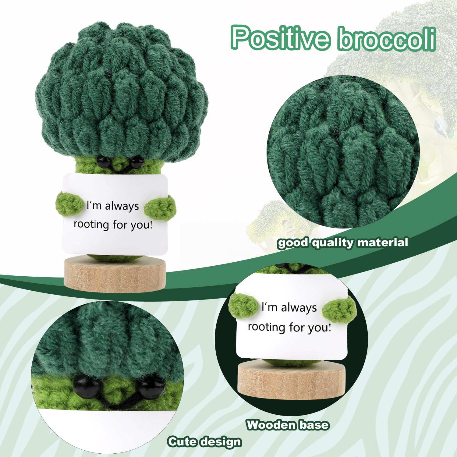 Positive Broccoli, Green Cute Warm Knitted Toy with a Wood Stand