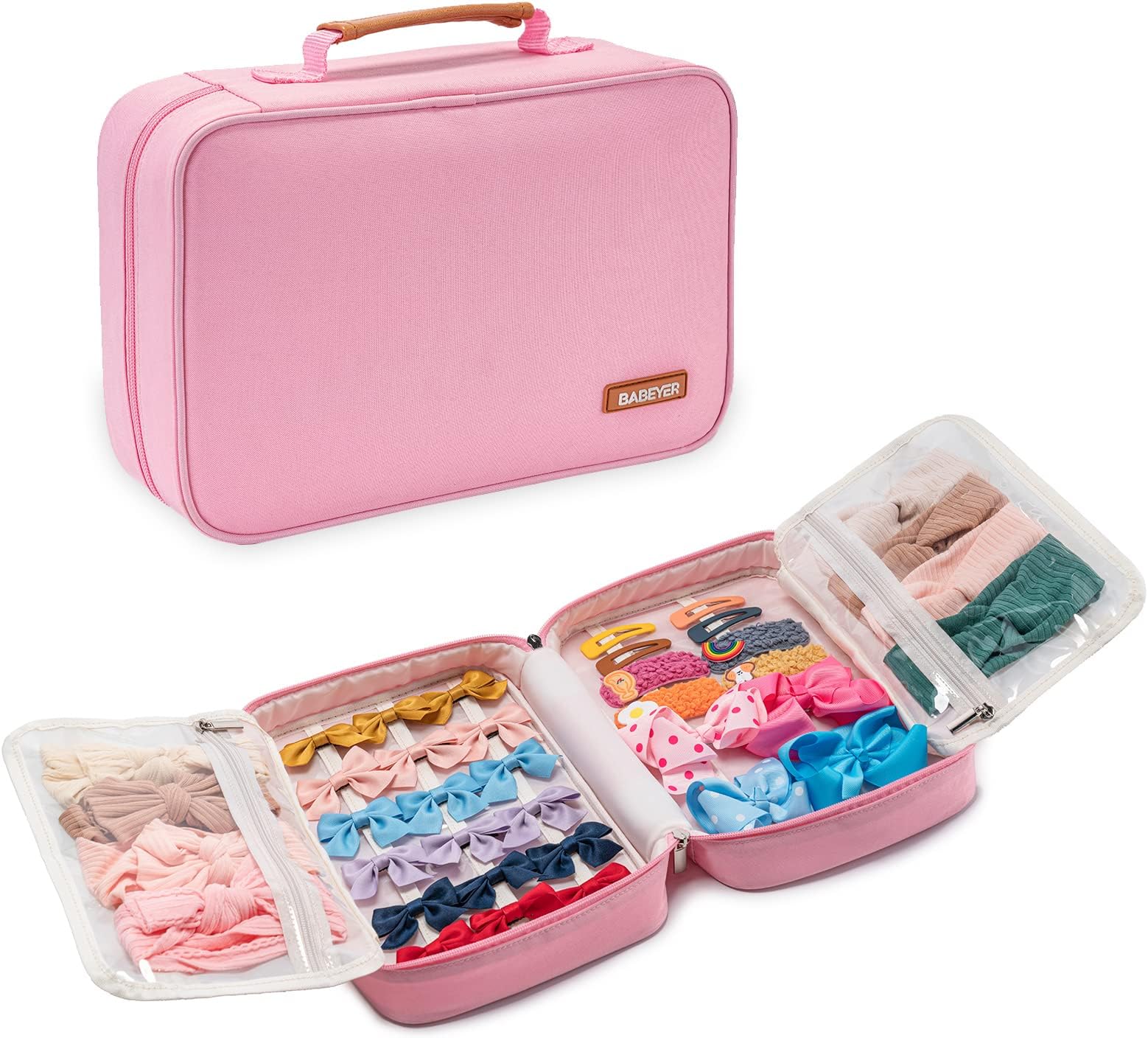 Baby Girls Hair Accessory Organizer, Baby Headband Organizer for Hair Pins, Ties, Bows, Clips, Barrette, Storage Bag with Multi-Compartment for Little Girls-Pink