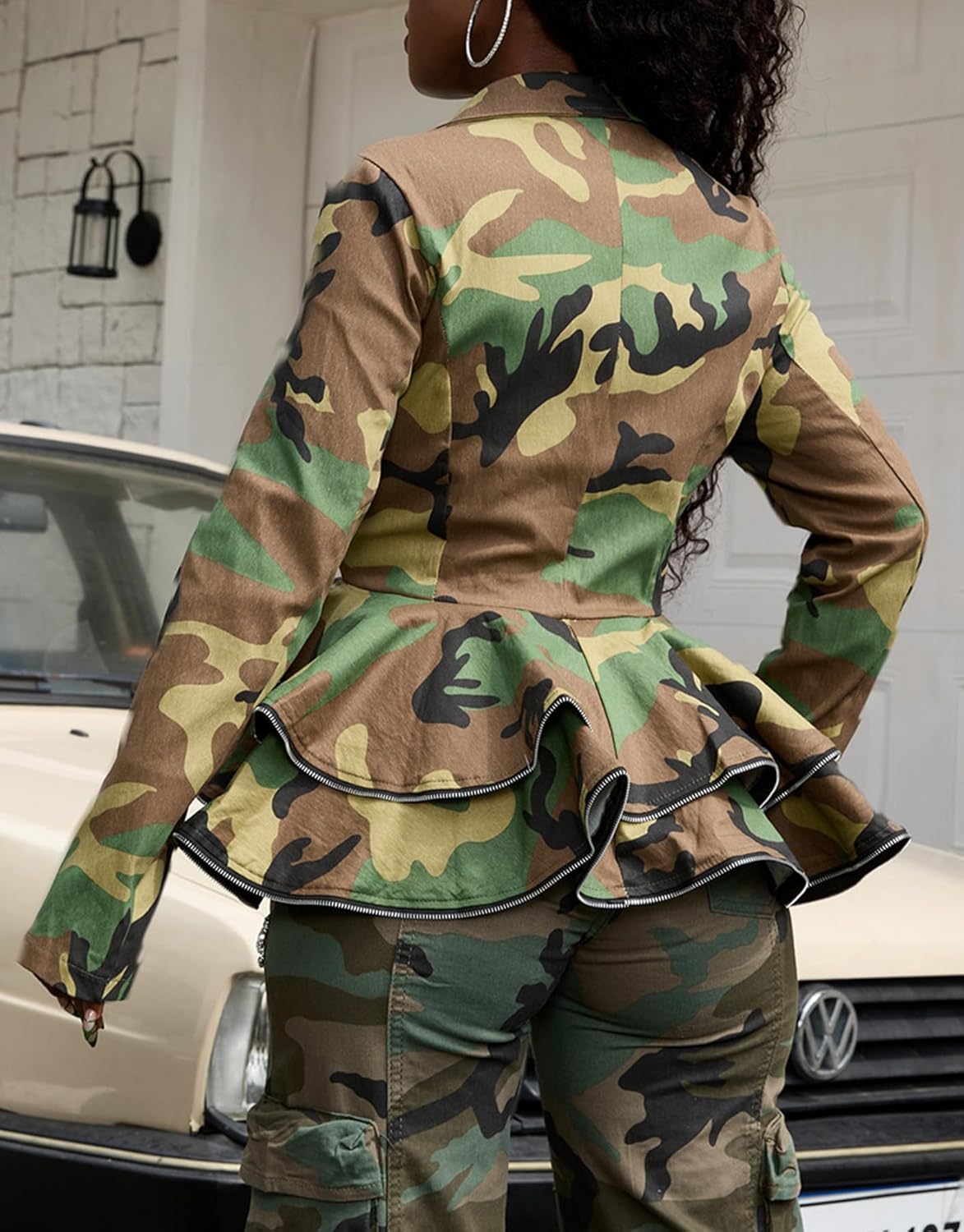 Ptorlio Womens Camo Jacket Casual Long Sleeve Camouflage Army Fatigue Blazer Double Breasted Peplum Jackets - Image 5