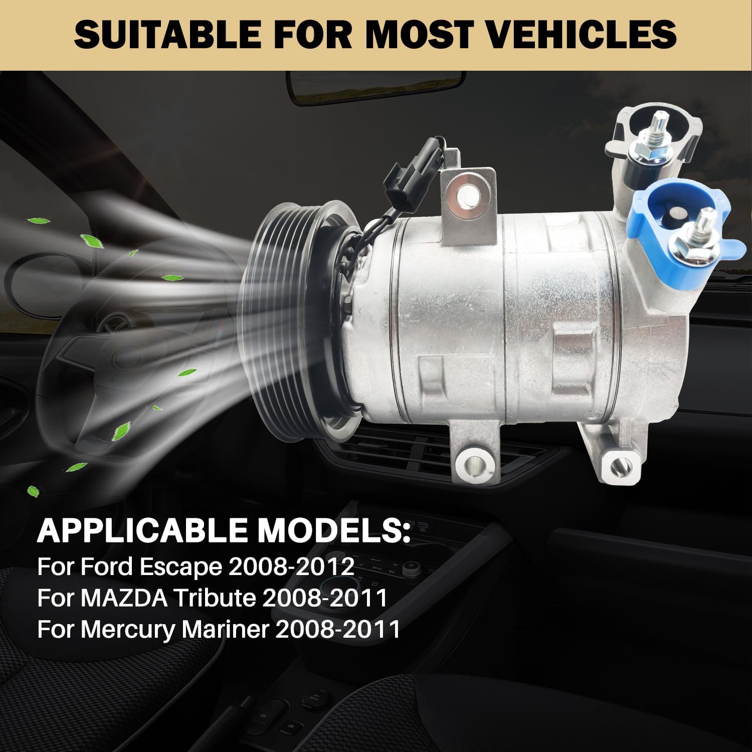 Air Conditioner AC Compressor Fits for Mazda Tribute 2008-2011, for Mercury Mariner 2008-2011, for Ford Escape 2008-2012, with A/C Clutch, CO11332C AC Compressor, Replaces 8L8419D629BC