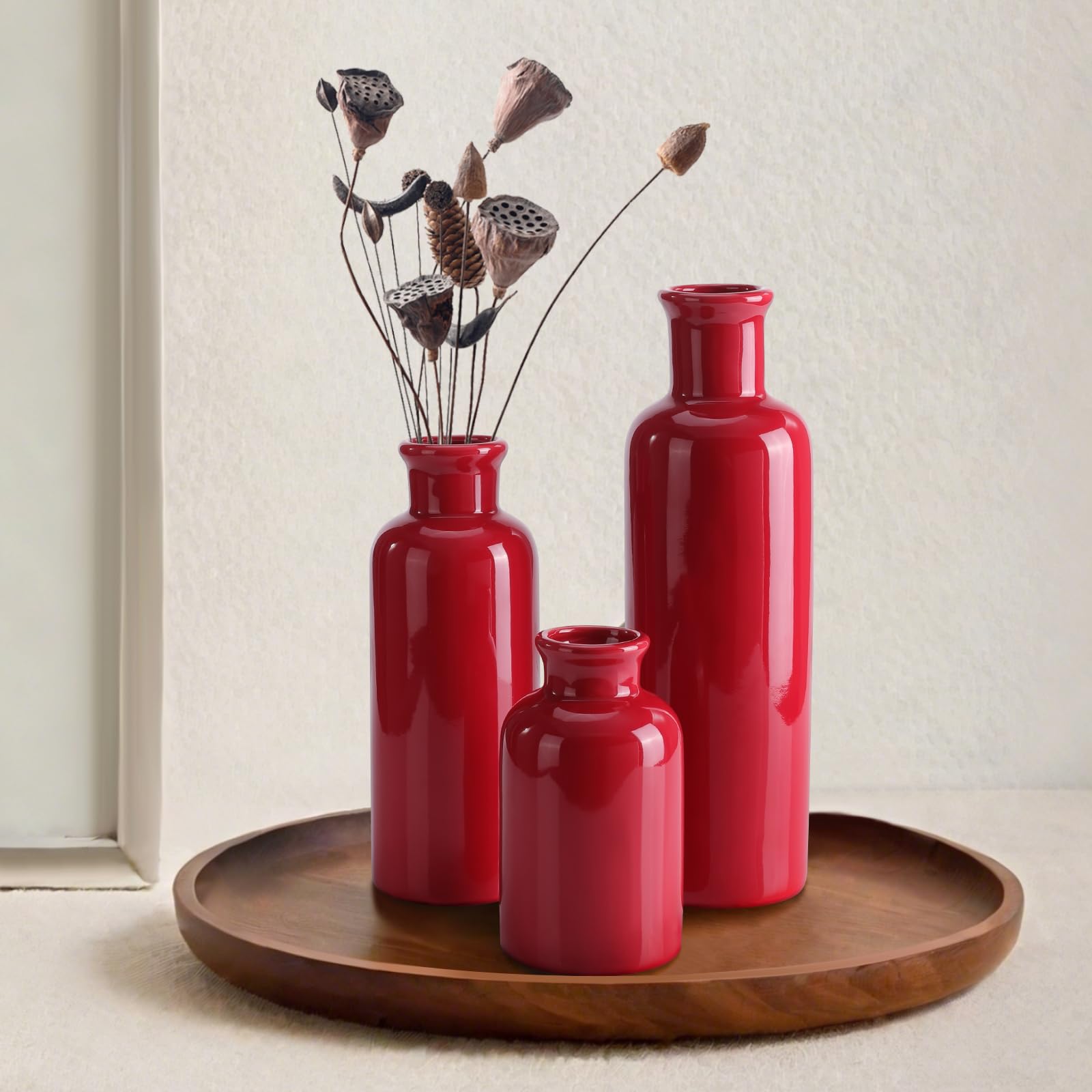 Rote Keramikvase, 3er-Set, Boho-Blumenvase, Raumdekoration, Bauernhaus-Dekor, Vasen für Ihre Küche, Badezimmer, Schlafzimmer, Wohnzimmer, Büro und Regal, Tafelaufsatz, Tischdekorationen