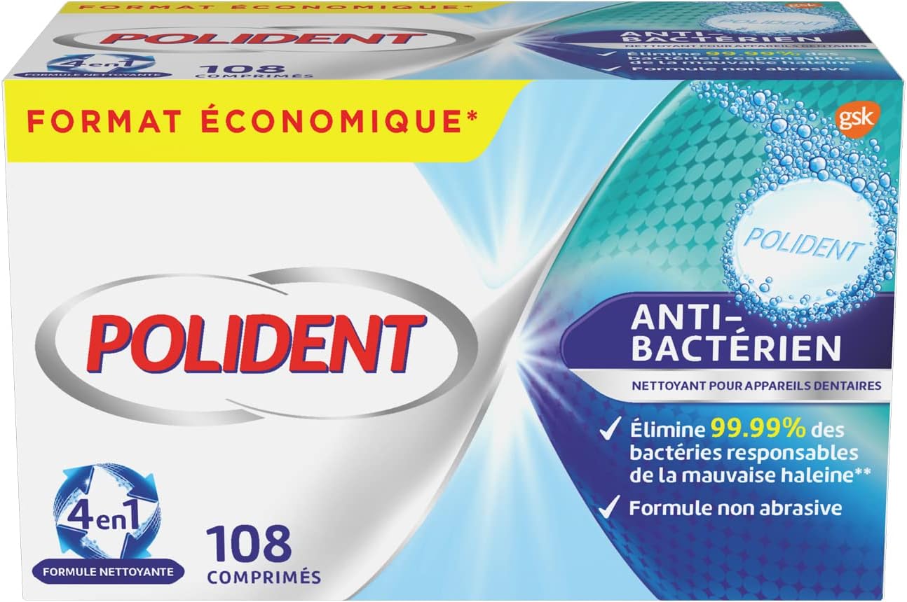 Polident Nettoyant Antibactérien pour Prothèses Dentaires Partielles et Complètes - Lot de 108 Comprimés pour Hygiène et Confort
