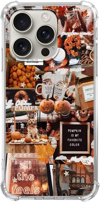 Autumn Fall Leaves Phone Case for iPhone 16 Pro Max, Retro Halloween Pumpkin Aesthetic Collage Case for Teens Men and Women, Unique Trendy Design TPU Bumper Case