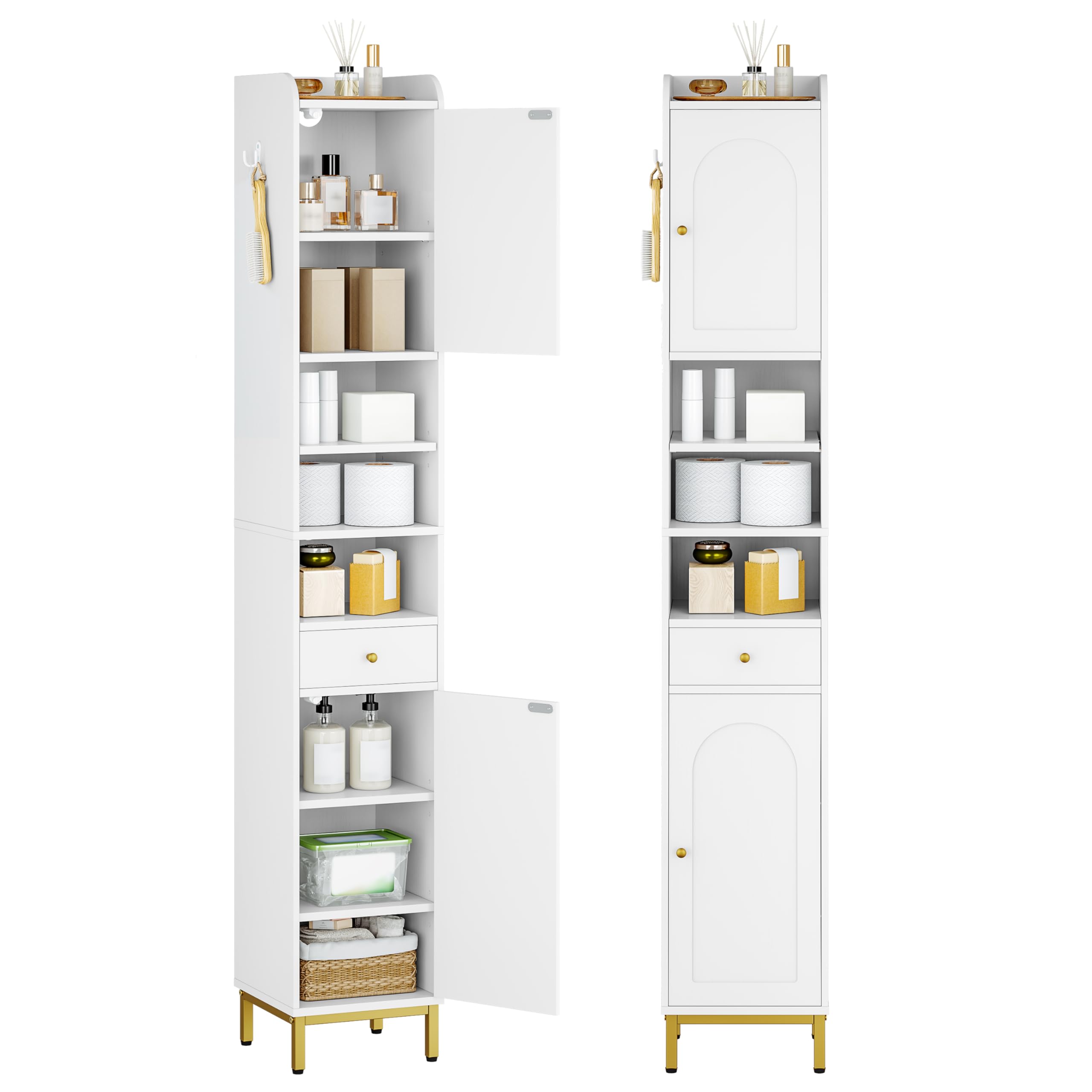 Hzuaneri Mobile Bagno, Mobiletto Bagno Salvaspazio a Colonna da Terra con Ripiani Regolabili, 1 Cassetto, 2 Ante, 28 x 28 x 180 cm, Mobile Alto per Soggiorno, Camera Da Letto, Bianco BC29013G