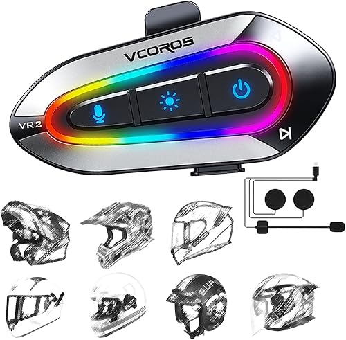 VCOROS VR2 Auriculares para Casco de Motocicleta con Luces RGB de 16 Colores, Altavoces de Casco de Larga Duración de la Batería, Doble Cancelación