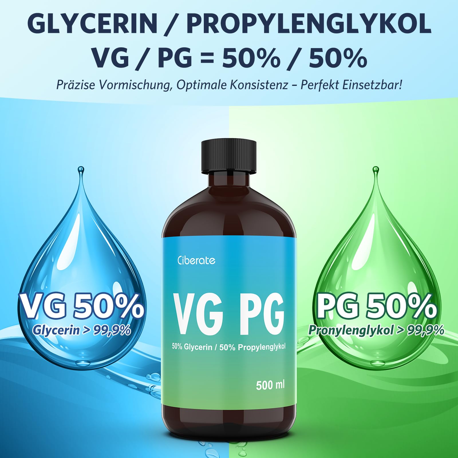 2 x 500ml 50% VG Glycerin / 50% PG Propylenglykol - Vegan, Pflanzlich, Pharmazeutische Qualität, Premium Hochreines VG/PG-Gemisch, 0% Zusatzstoffe