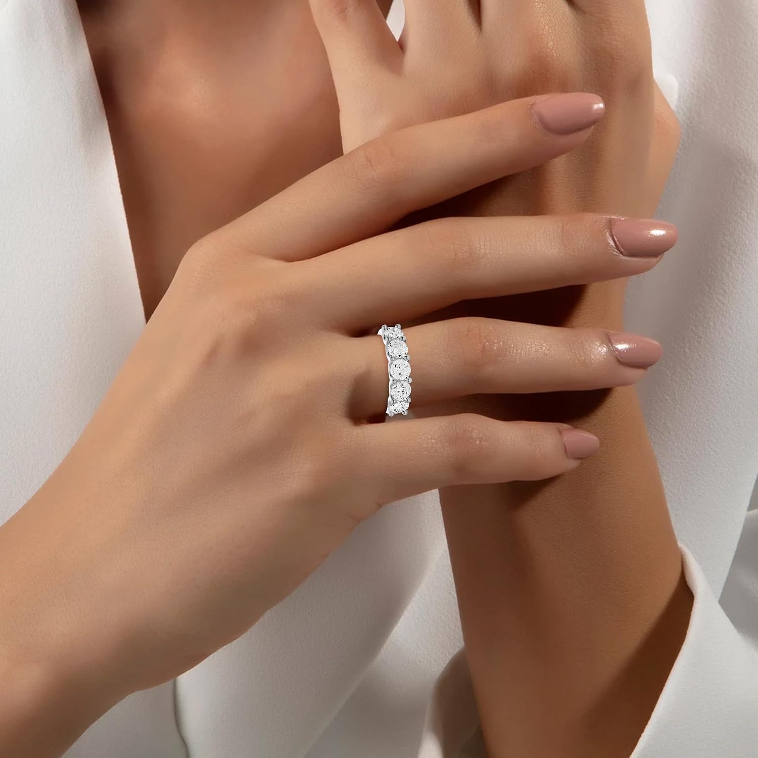 Diamond2Deal 1/2 Carat to 3 Carat Round Shape Lab Grown Diamond Five Stone Wedding Band Ring | 14k White or Yellow Gold U Prong Setting Five Stone Band Ring | D-E Color and VS Clarity