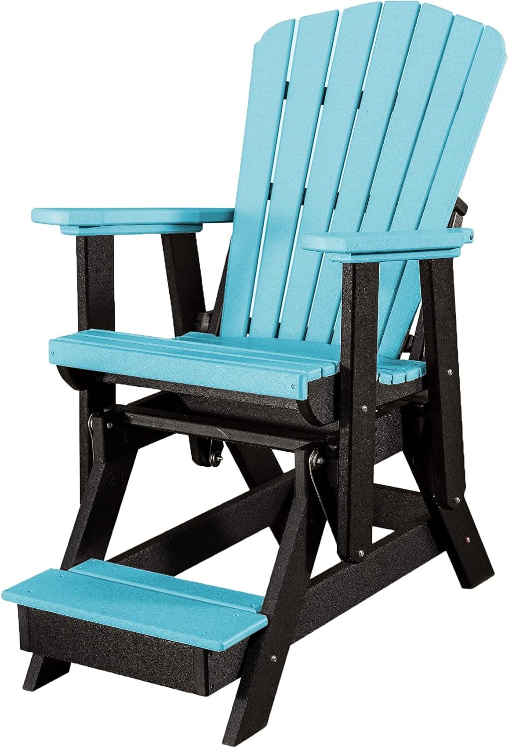 DutchCrafters Slat Fan Back Poly Balcony Adirondack Glider with Footrest Outdoor Patio Chair (Black & Aruba Blue)