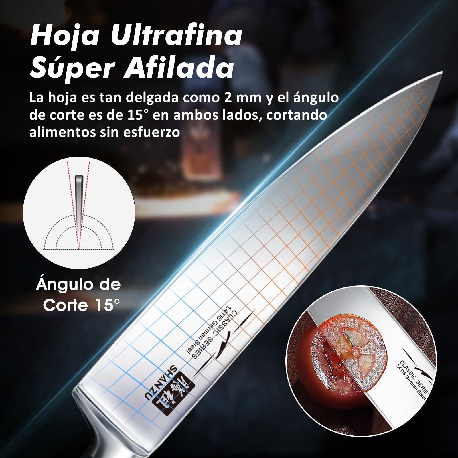 SHAN ZU Juego de 3 Piezas de Cuchillos de Cocina, Cuchillo de Chef 20cm de Acero Inoxidable Alemán, Cuchillo Universal 15cm, Cuchillo Puntilla para Pelar 9,5cm, Cuchillos para Fruta y Verdura, Carne