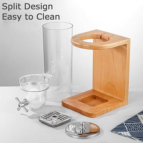 Vista 3 de Dispensador de cereales, dispensador de alimentos secos con cubo de PC y base de madera, almacenamiento de contenedores de cereales para encimera