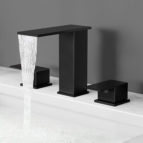 KES Grifos de baño para fregadero de 3 agujeros, grifo de lavabo de baño generalizado en cascada, grifo de baño negro de 8 pulgadas con líneas de