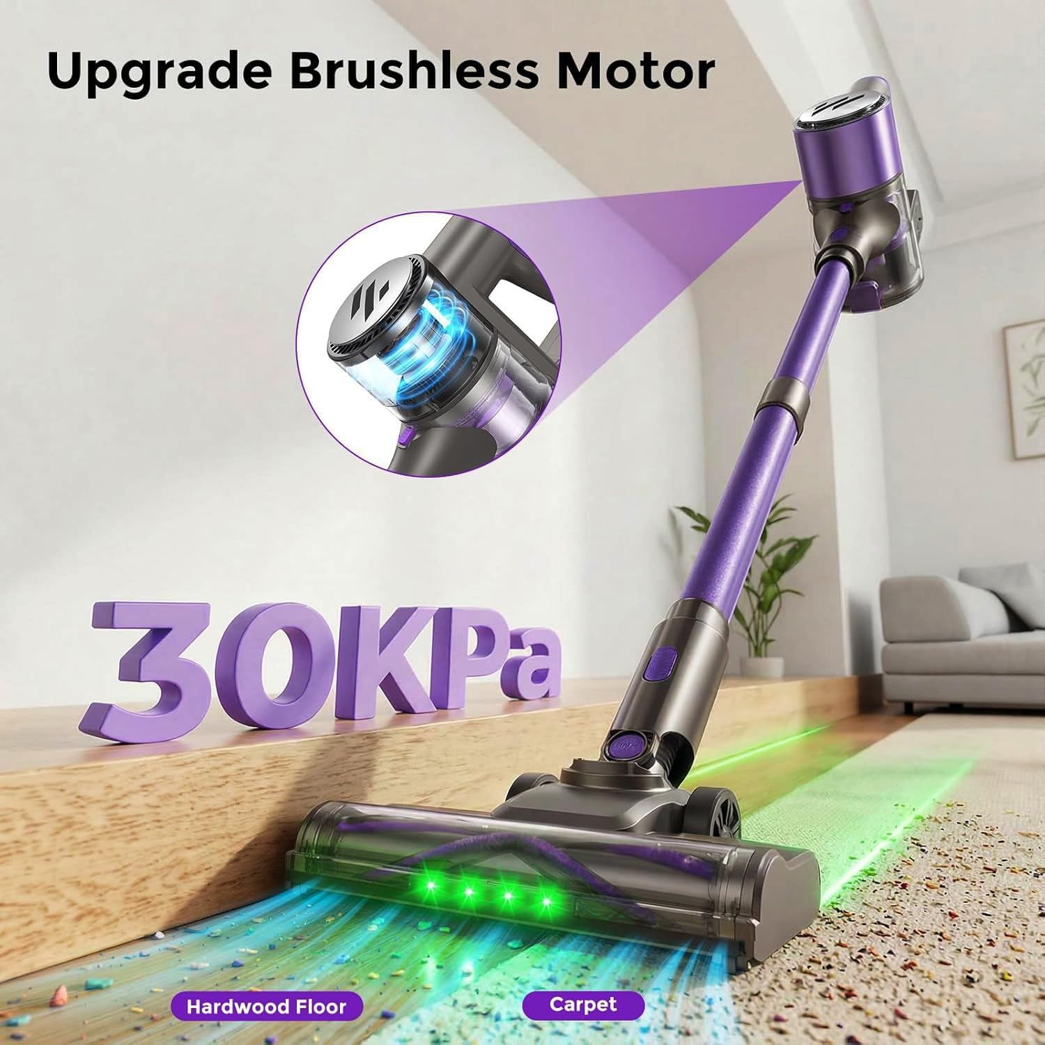 Cordless Vacuum Cleaner,Vacuum Cleaner for Home with Brushless Motor,Stick Vacuum with Self-Standing and Touch Screen,Hardwood Floor Vacuum for Pet Hair,Carpets(Deep Purple)