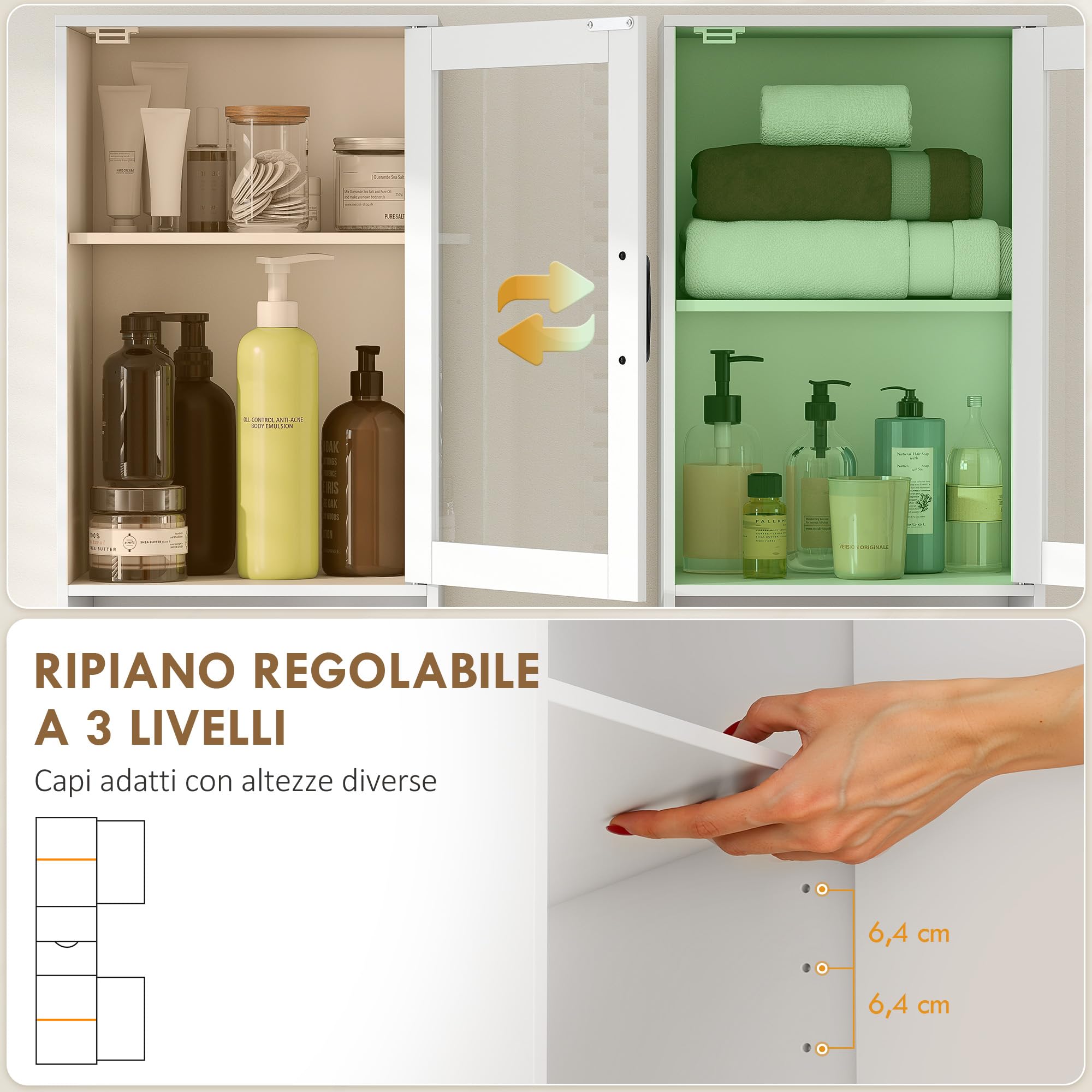 HOMCOM Mobile Bagno Alto Slim con Armadietti a Anta in Vetro, Mobiletto Bagno Salvaspazio con Ripiano Aperto, Cassetto, Ripiani Regolabili, Mobile Colonna Moderno, 40x30x165 cm, Bianco