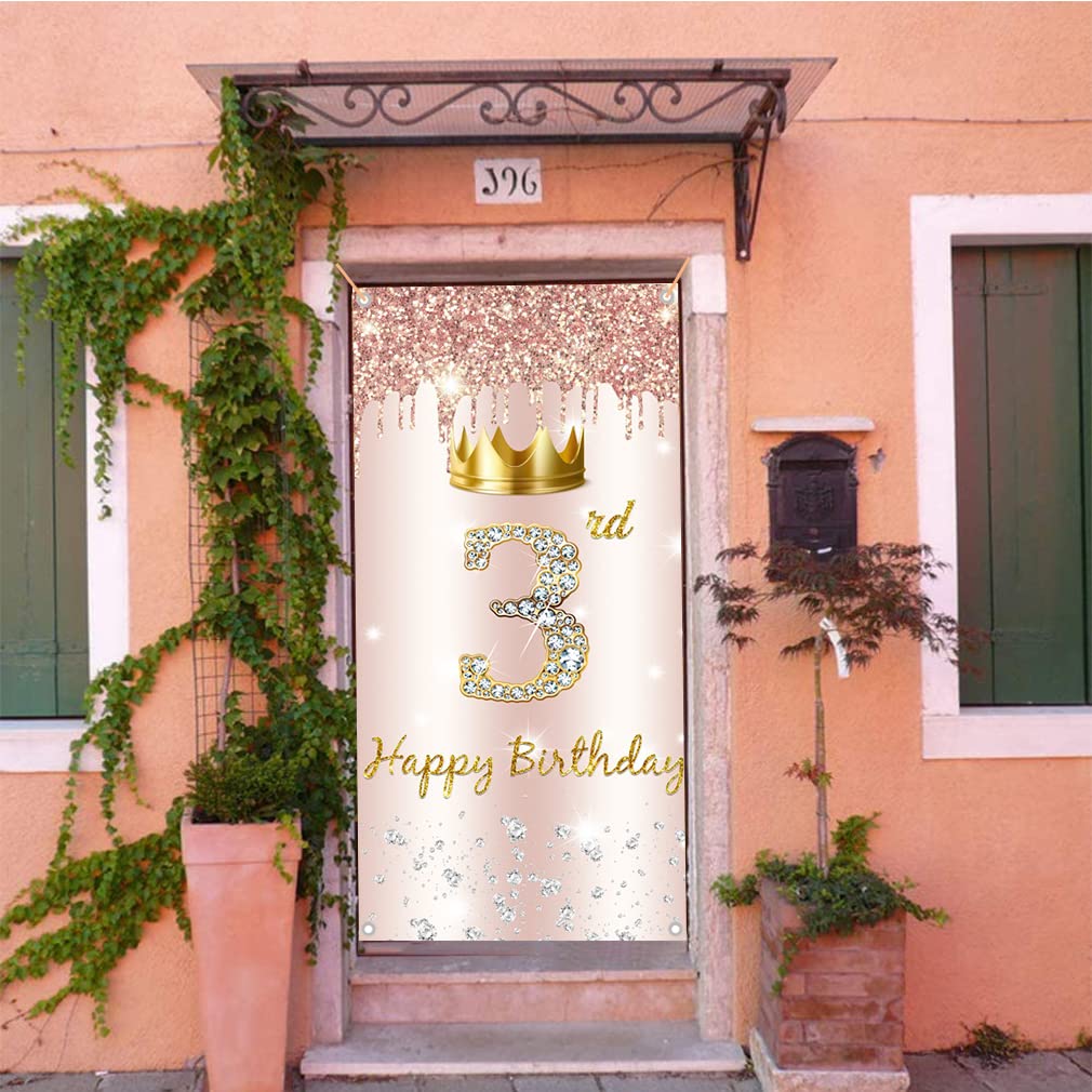 3. urodziny dziewczyna dekoracja, Happy 3 Birthday, baner do drzwi w kolorze różowego złota, 3. urodziny materiał szyld plakat dekoracja drzwi, baner, tło 3. urodziny baner, dekoracje urodzinowe