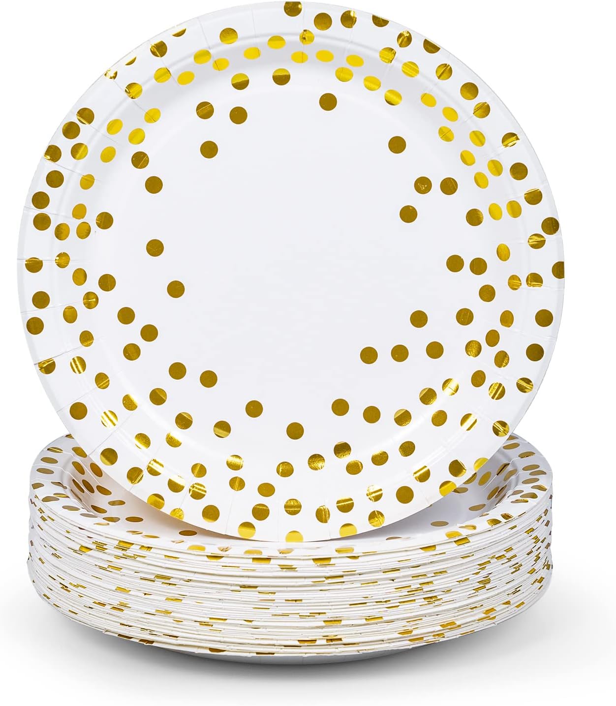 MATICAN Party Paper Plates, 50-Pack Disposable White and Gold Plates, Foil Polka Dots, 9-Inch