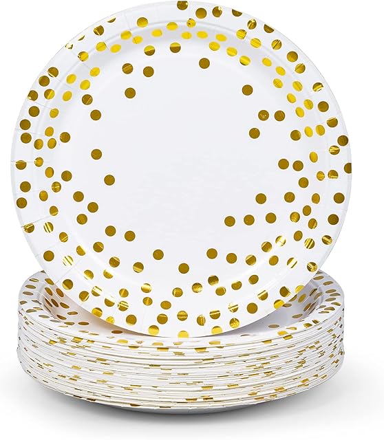 Party Paper Plates, 50-Pack Disposable White and Gold Plates, Foil Polka Dots, 22.86-Centimetre