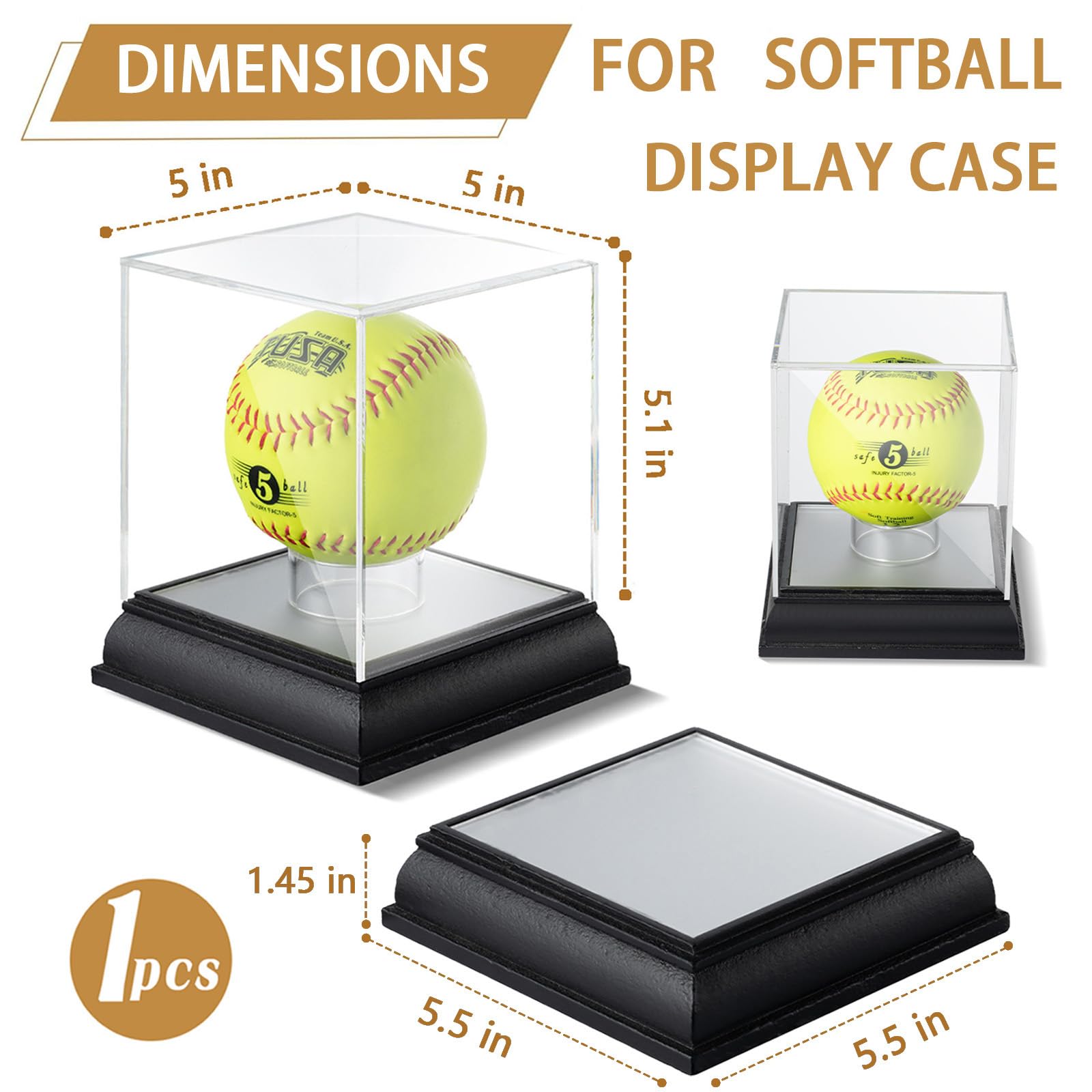 Softball Display Case with Led Light, UV Protected Cube with Wood Base Stand, Clear Acrylic Softball Holder for Single Autograph Ball