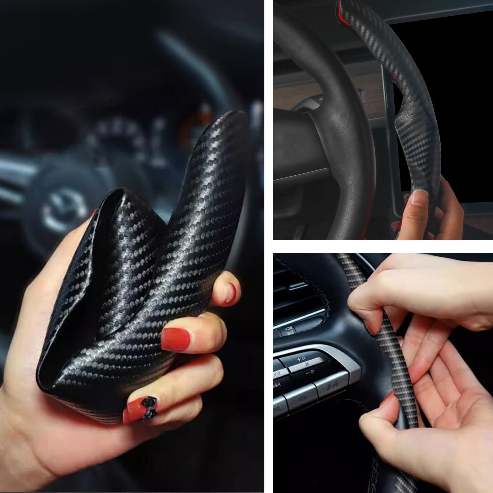 Caches De Volant pour Tesla Model 3 2017-2023 Model Y 2017-2024, Fibre de Carbone Couvre Volant, Housse Volant Protecteur de Volant Antidérapant, Noir Kit d'enveloppement de Volant pour Tesla