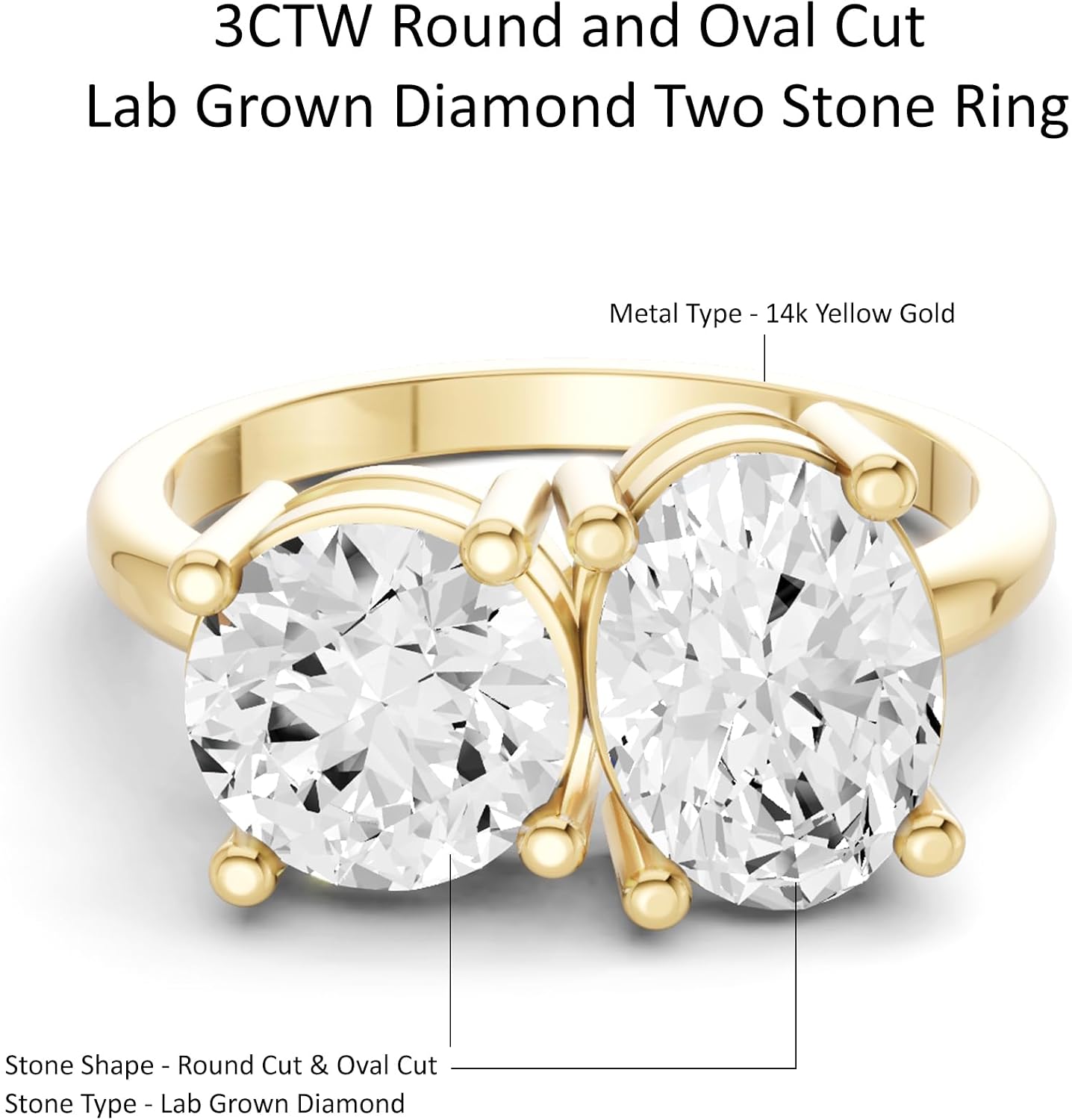 2 Carat - 4 Carat Round and Multi-Shape Lab Grown Diamond Two Stone Engagement Ring | 14k Yellow Gold Ring Size 7 | E-F Color and VS1 Clarity