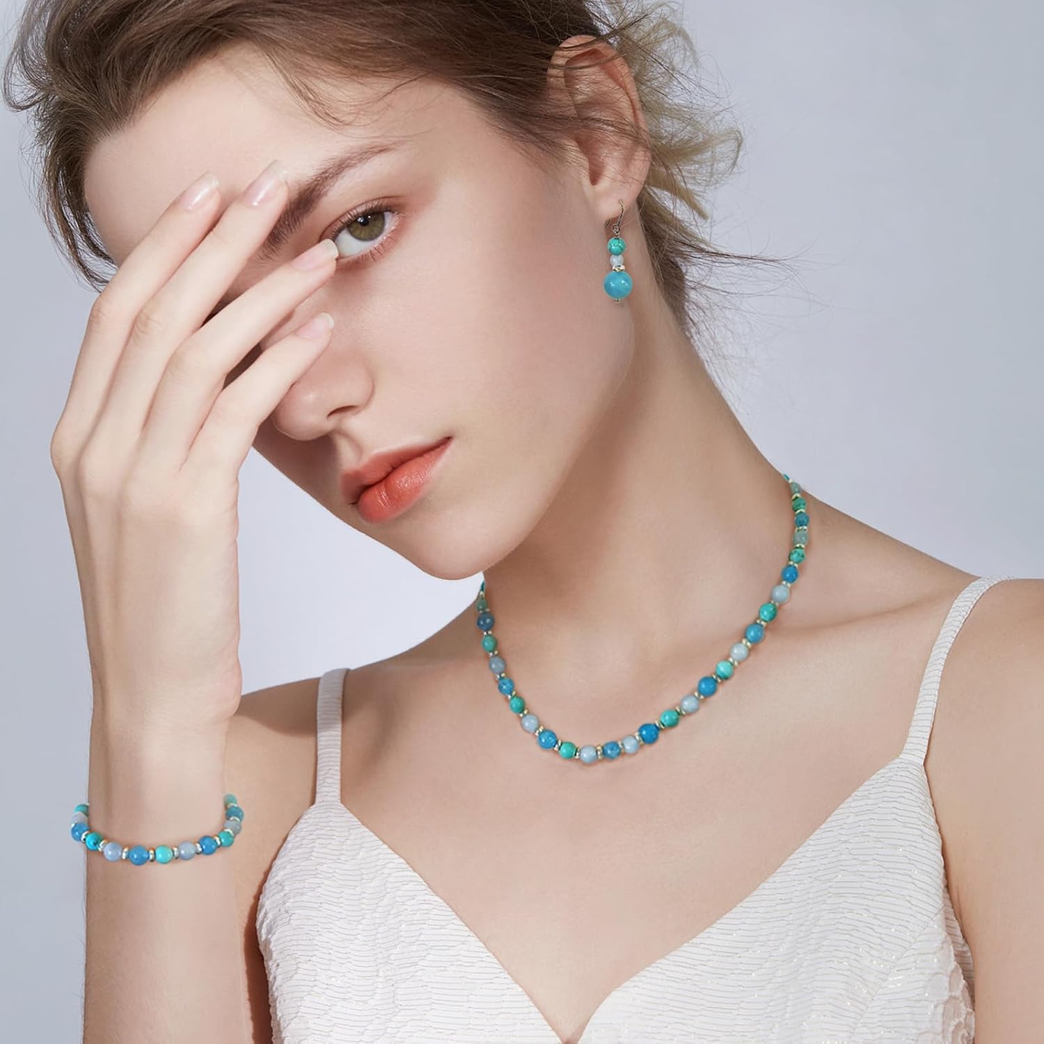 Beaded Necklaces for Women 3Pcs Colorful Boho Gemstone Bead Choker Summer Natural Stone Surfer Beach Bead Necklace Bracelets Earring Set Handmade Jewelry for Women Gift Jewelry Sets