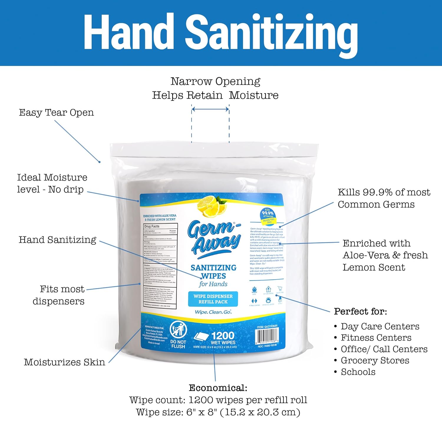 Hand Wipes, 1200 CT Refill Roll for Dispensers, Lemon Scent, Sanitizing Wipes with Moisturizing Aloe Vera, Hand Sanitizer Wipe (Pack of 2)