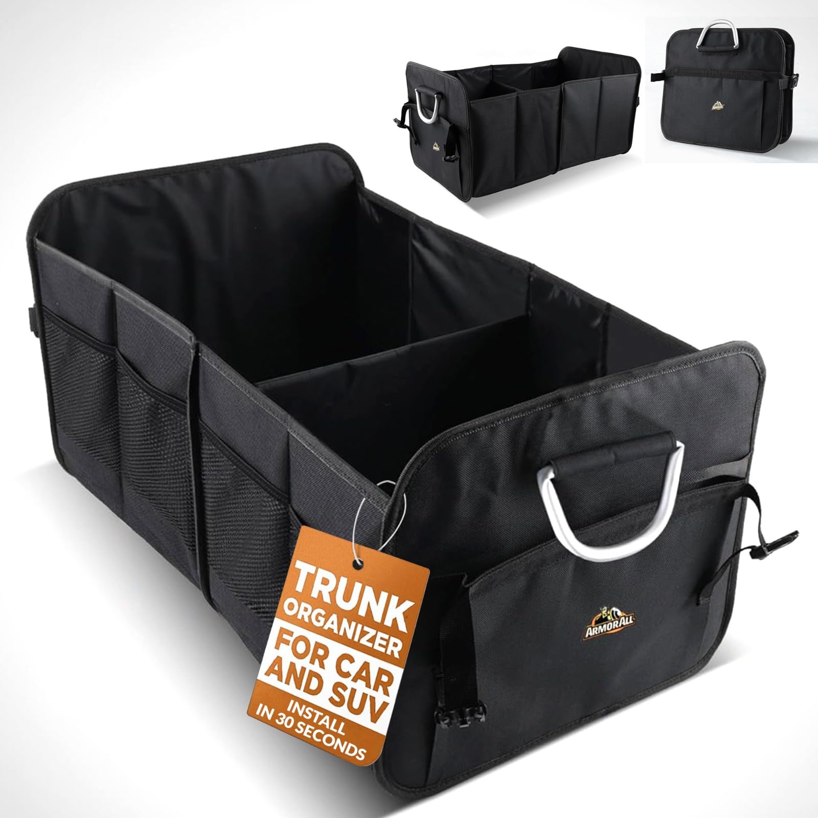 Armor All Kofferraum-Organizer für SUV und Auto, XL, robust, 8 Fächer, zusammenklappbar, wasserdicht, 2 Fächer und 6 Taschen, 61 x 37,1 x 32 cm, Aluminium-Griffe, Kompressionsschnallen