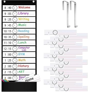 ZKOO Daily Schedule Pocket Chart for Kids, 13+1 Pocket Visual Schedule for Autism ADHD Classroom, 18 Reusable Double-Sided Dry-Erase Cards, Homeschool Special Education Routine Chart Black