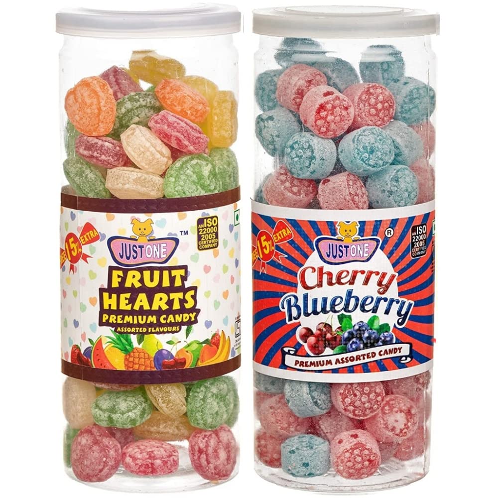 JUSTONE Fruit Hearts Assorted Candies (230 gm) & Cherry Blueberry