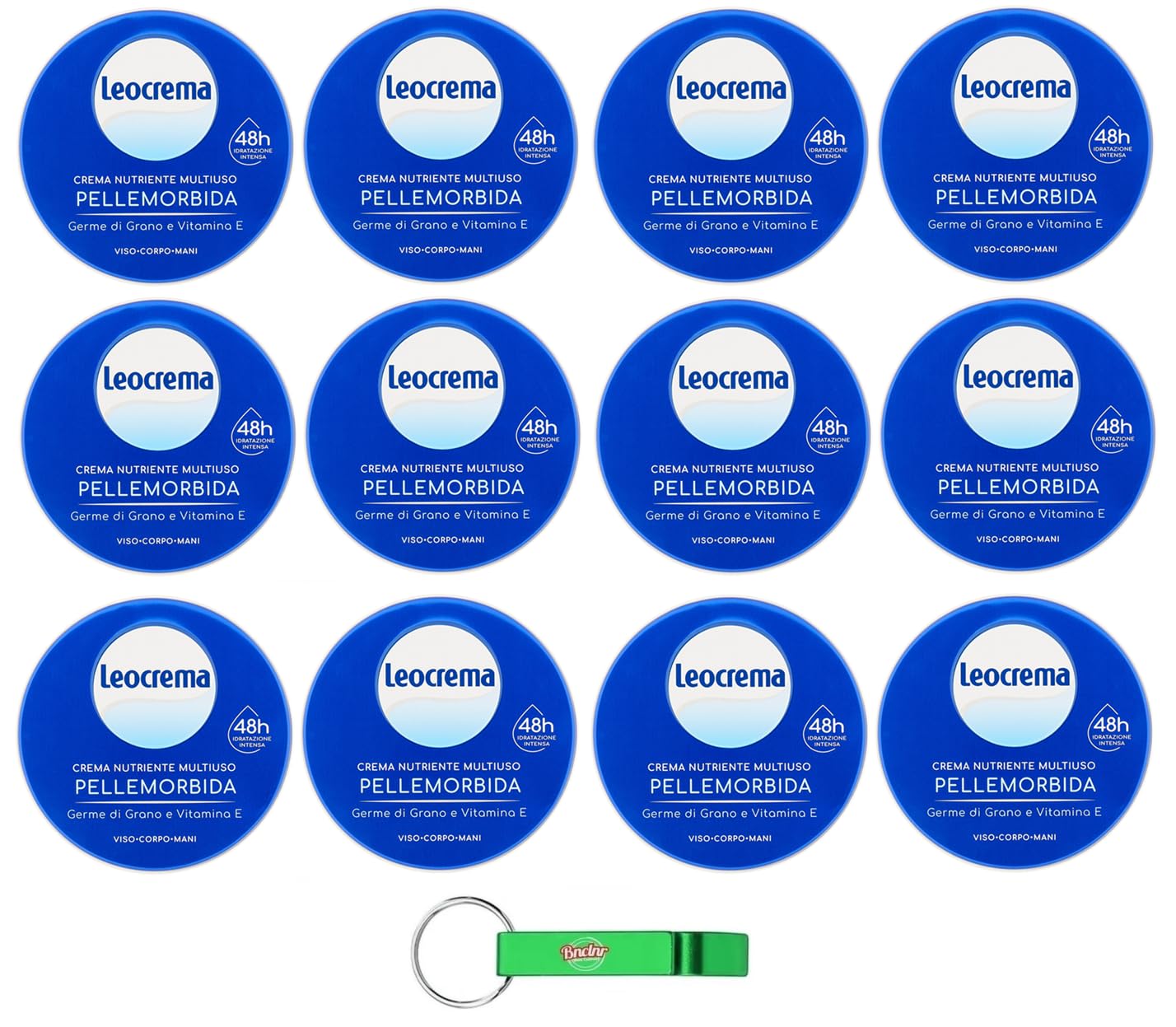 12 X Leocrema Crema Nutriente Multiuso Crema Nutriente Crema Nutriente Multiuso Pelle Morbida con Germe di Grano e Crema Corpo Vitamina E 50ml + Portachiavi Beni Culinari