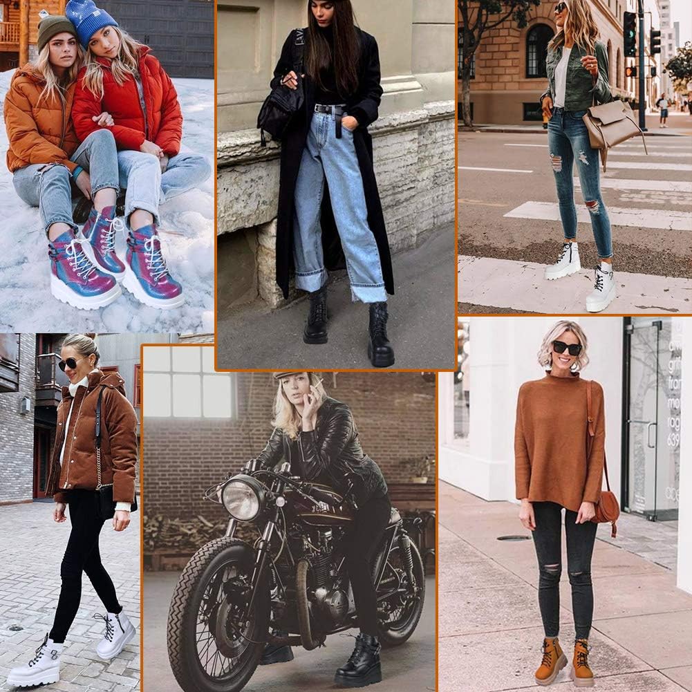 CELNEPHO Chunky Platform Boots for Women, Square Toe Lace up Zip High Heel Combat Wedge Ankle Boots - Image 2