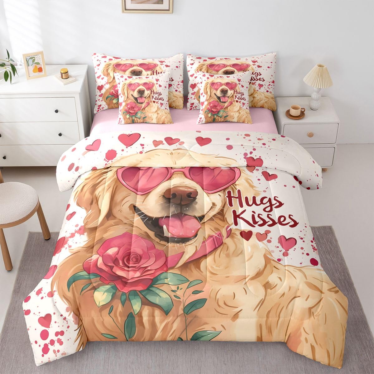 Castle Fairy Happy Valentine's Day Reversible 7 Pieces Comforter Set,Lovely Dog Puppy Bed Sheet Set for Kids Teens Boys,Red Rose Hearts Bedding Set with Comforter,Fitted &amp; Flat Sheet,Queen
