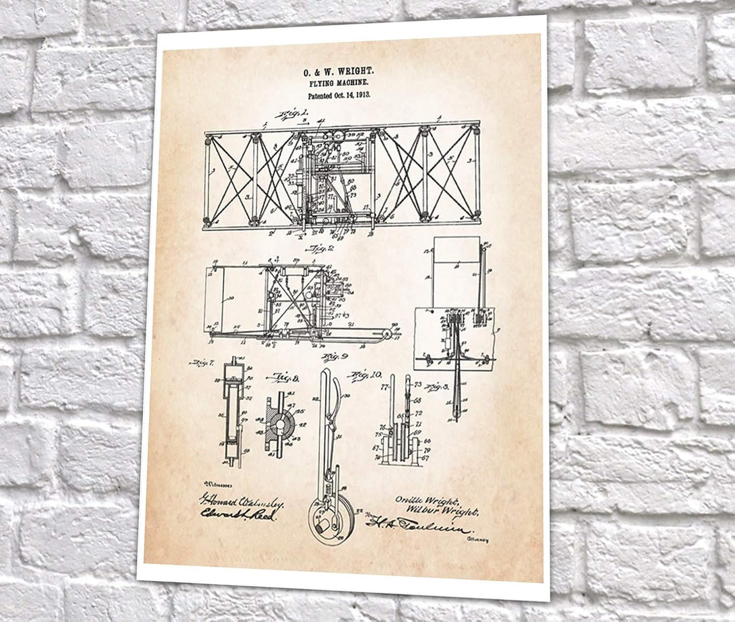 Vintage Wright Brothers Biplane Patent Wall Art Set of 6 Unframed Pilot Gift