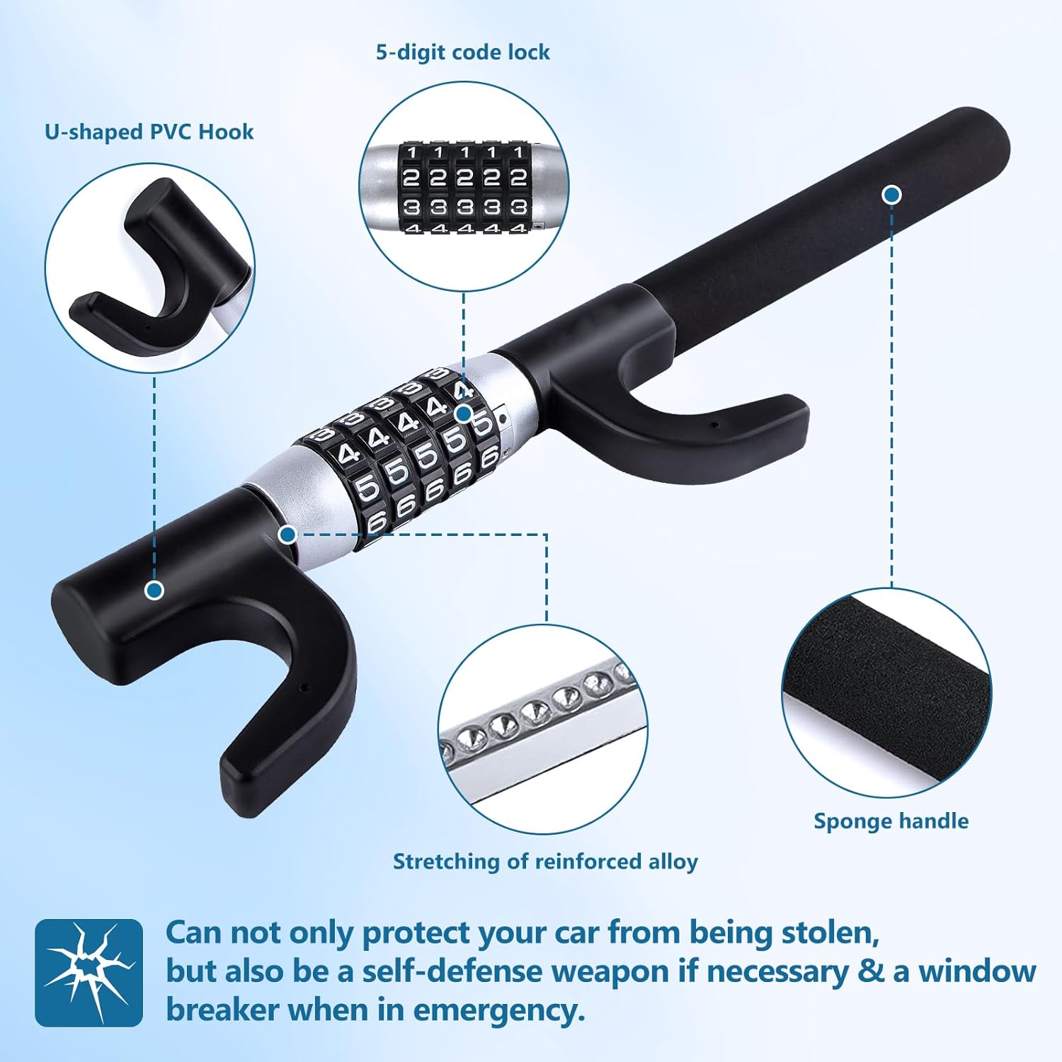 Youngly Steering Wheel Lock, Heavy Duty Keyless Password Anti-Theft Lock, Retractable Car Security Lock for Vehicle Truck SUV Van