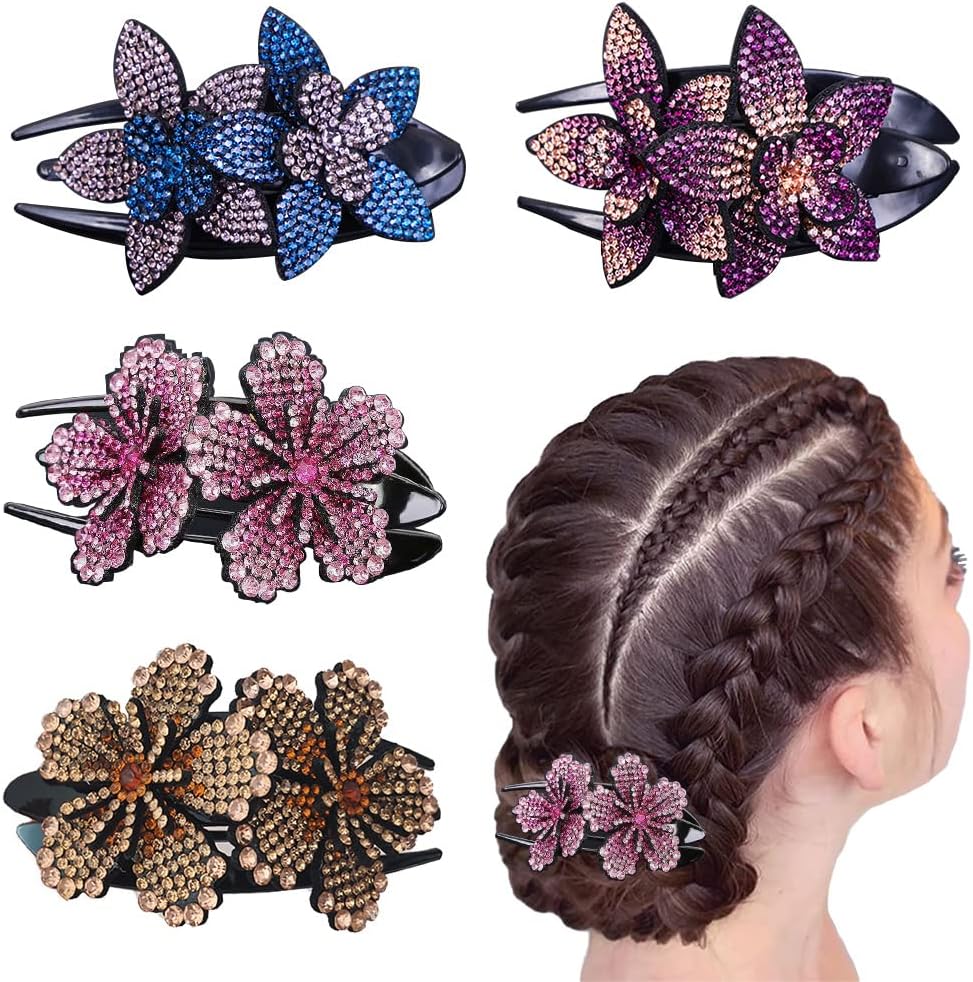 4 Pcs Rhinestones Hair Clips Double Flower Hair Clips