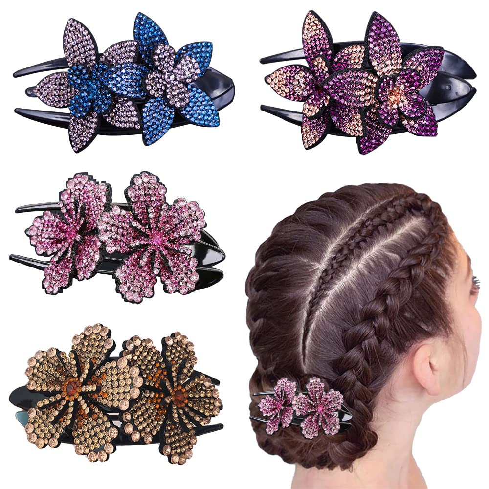 4 Pcs Rhinestones Hair Clips Double Flower Hair Clips