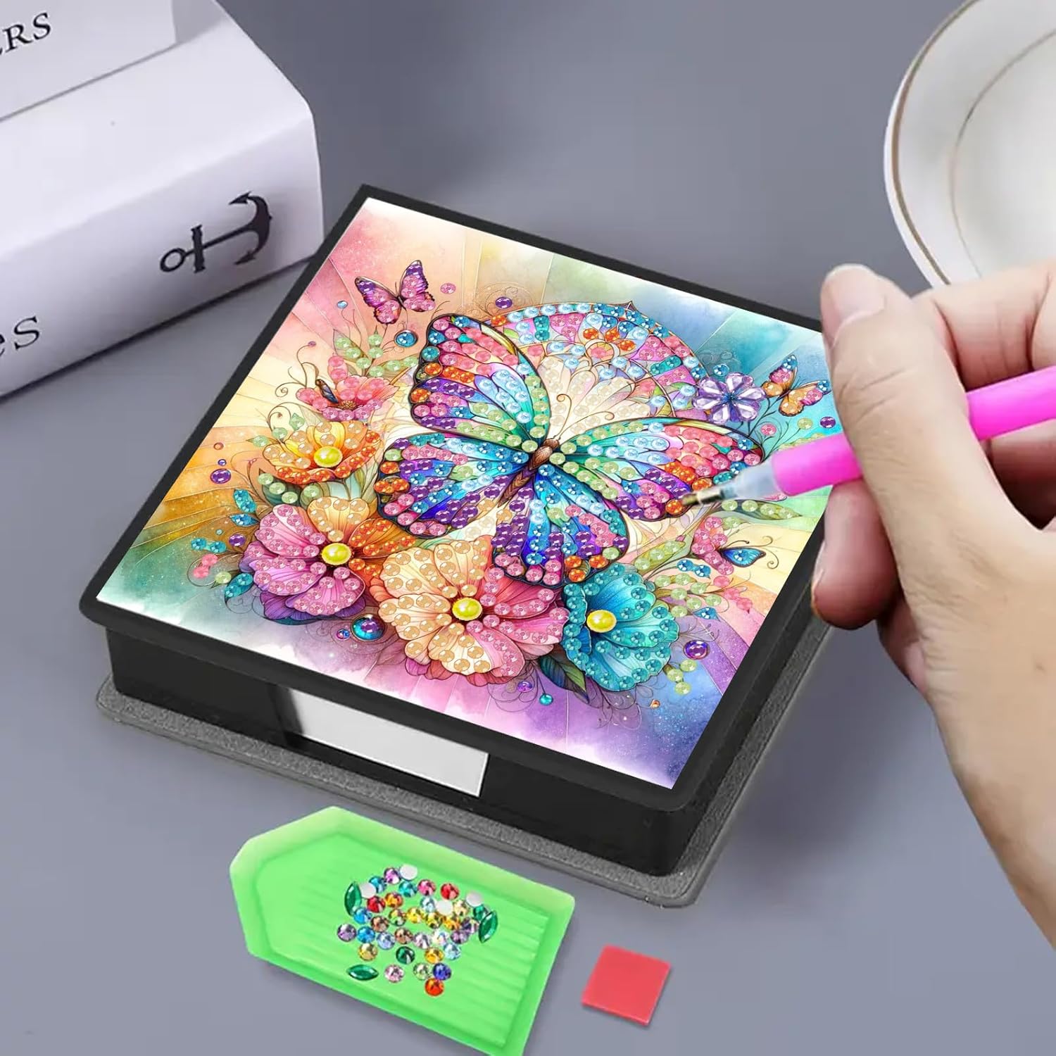 Note Storage Box, Diamond Art Painting Leather Message Paper Storage Note Box with 160 Sticky Notes Reusable Sticky Note Holder, for Work Desk Organization-2PCS-4