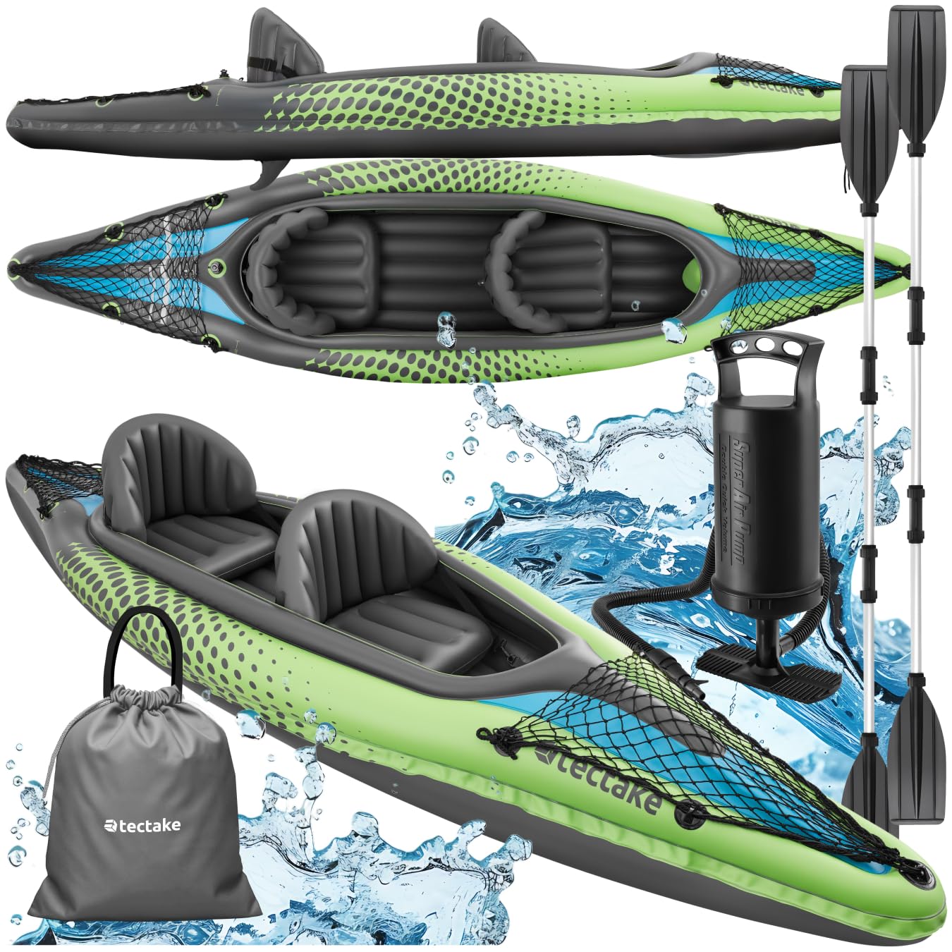 tectake® Kayak Hinchable, Asiento Desmontable, Quilla Acoplable, Remo Doble, Bomba de Doble Acción, Bolsa de Transporte, PVC Resistente, Kayak Inflable, Barca Hinchable, Kayak Pesca