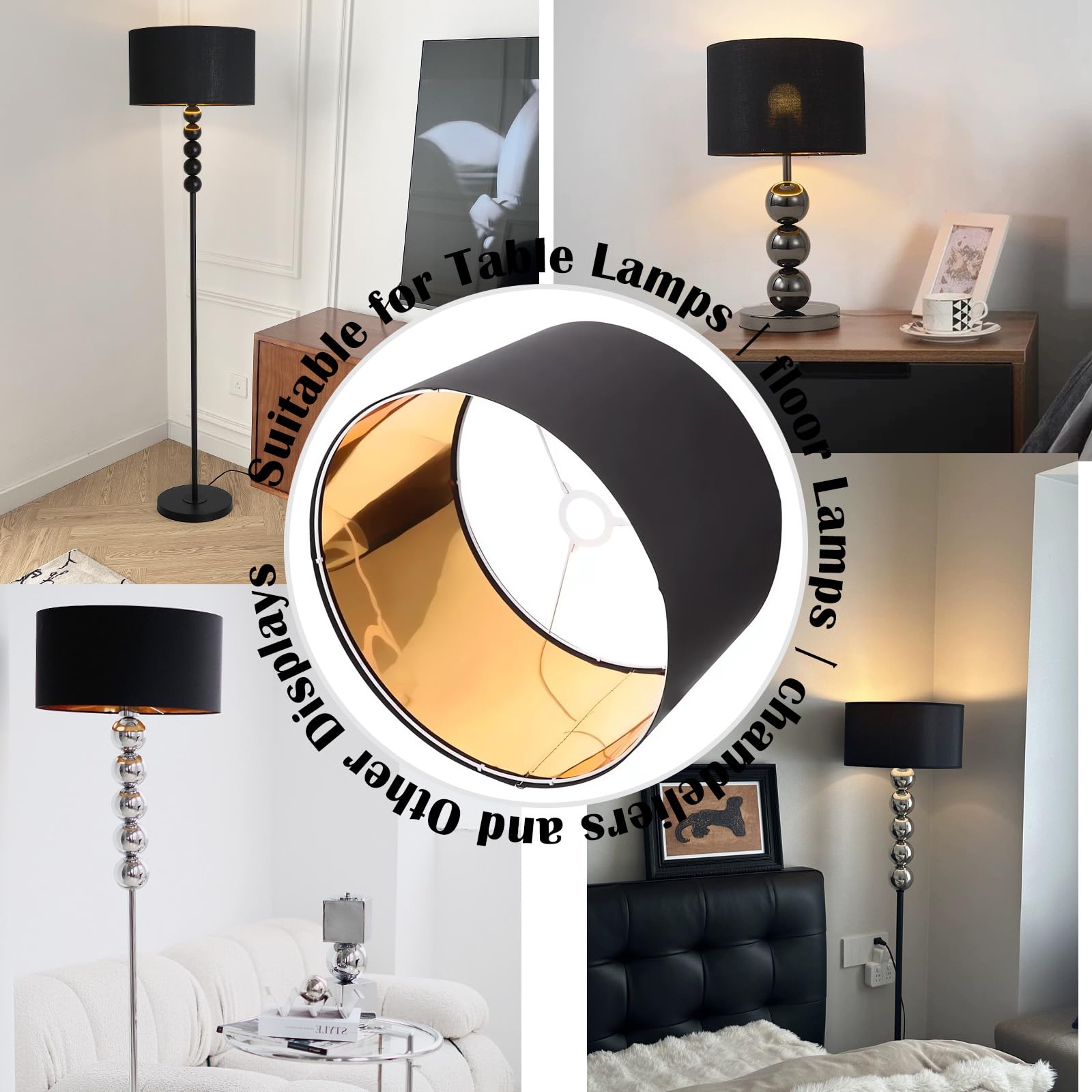 abat jour Tambour Moyen - 30 x 20 cm abat-jour Tissu Pour Plafond,Table,Suspendue,Lampadaire Lampadaire pour douille de lampe E27(Noir)