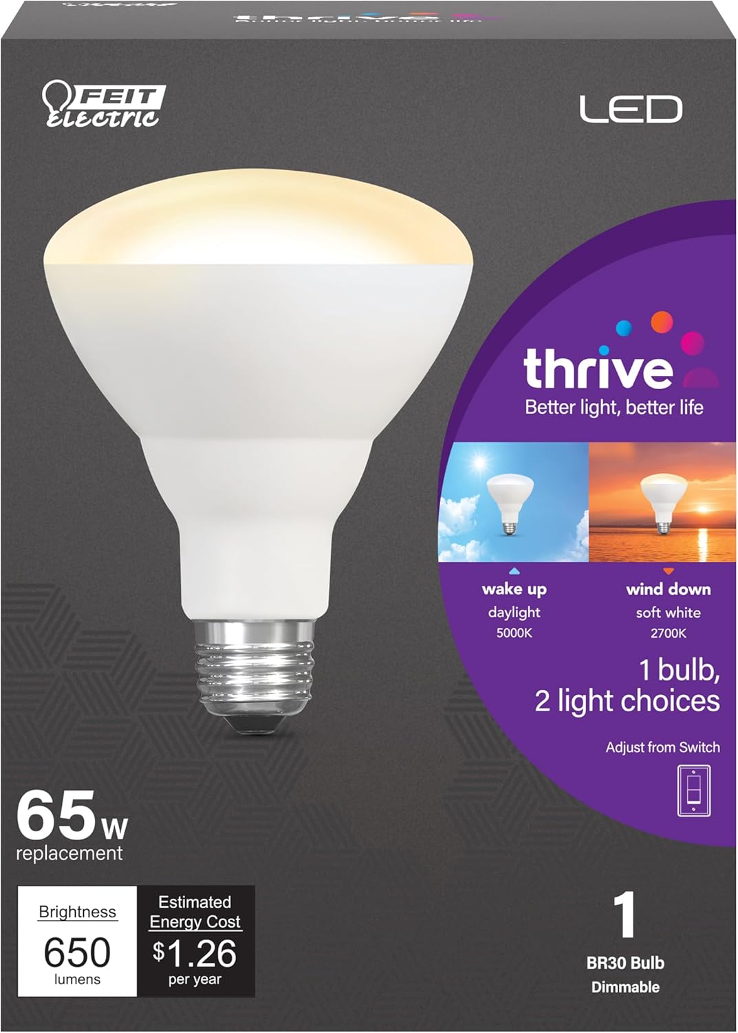 Feit Electric BR30 with E26 Medium Base LED Light Bulb Circadian Rhythm Intellibulb - 65W Equivalent - 15 Year Life - 650 Lumens - 2700K Soft White and 5000K Daylight - BR30/HLTH/LEDI