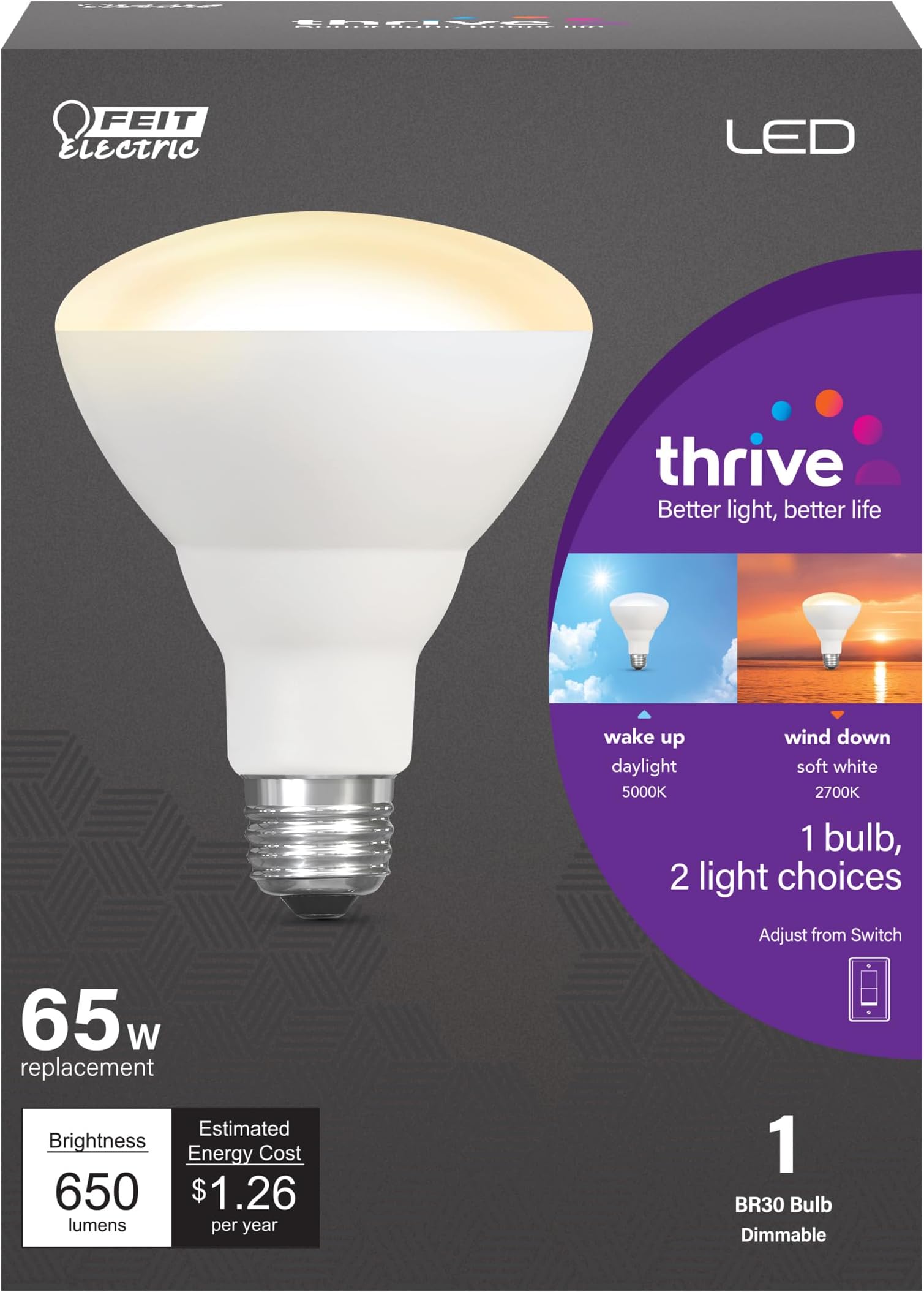 Feit Electric BR30 with E26 Medium Base LED Light Bulb Circadian Rhythm Intellibulb - 65W Equivalent - 15 Year Life - 650 Lumens - 2700K Soft White and 5000K Daylight - BR30/HLTH/LEDI