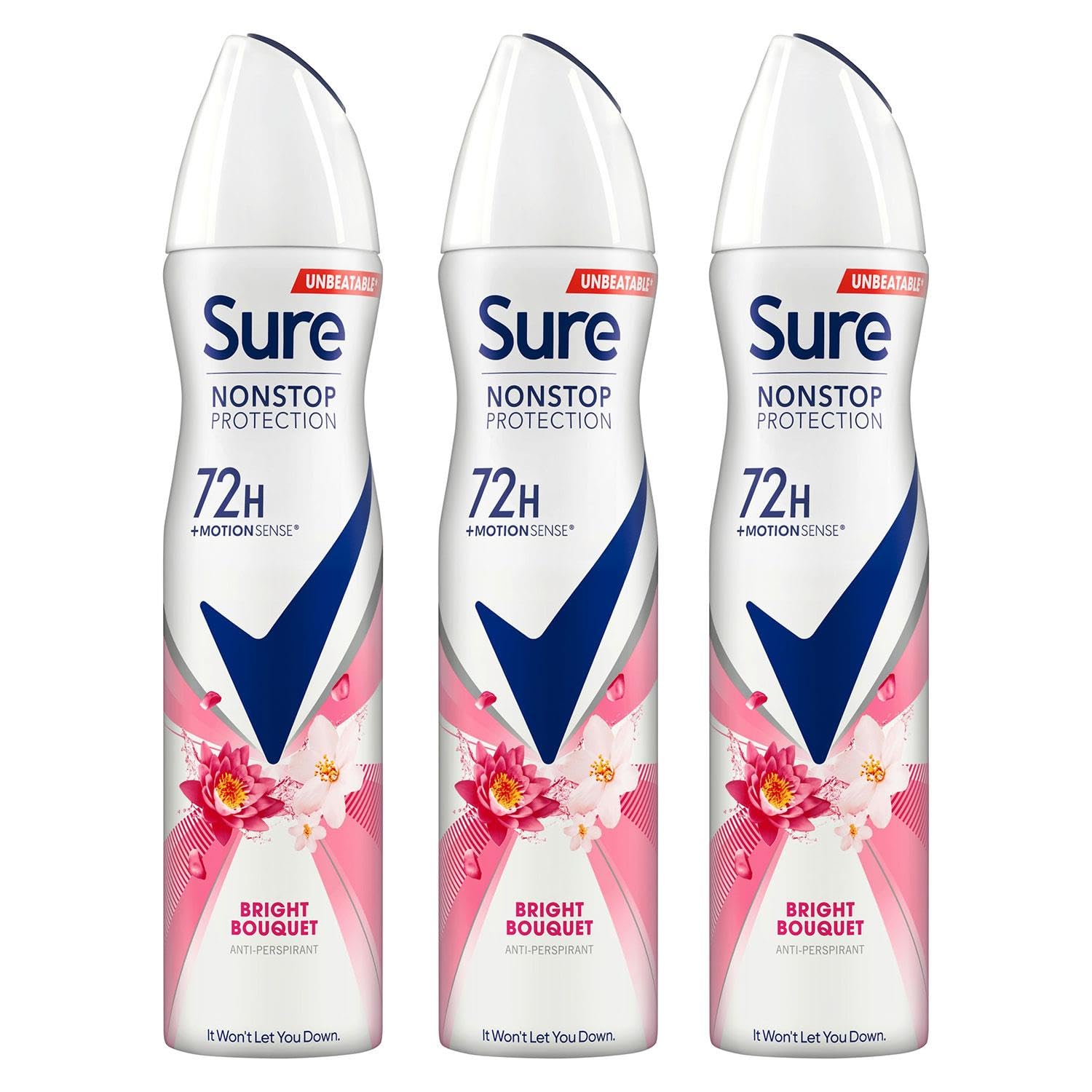 SureAntiperspirant 72H Nonstop Sweat and Odour Protection Alcohol-Free Body Spray Anti-White Markswith Fresh and Clean Multi Fragrance Deodorant for Women, 250ml (Bright Bouquet, Buy 3)