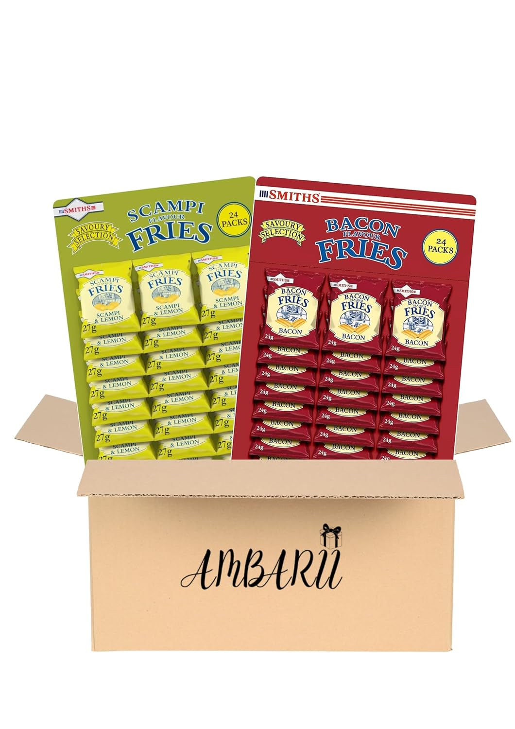 AMBARII Smiths Bacon and Scampi Fries Savoury Snacks, Pub Card Mixed Pack, 48 Count with 24 Bacon and 24 Scampi Fries