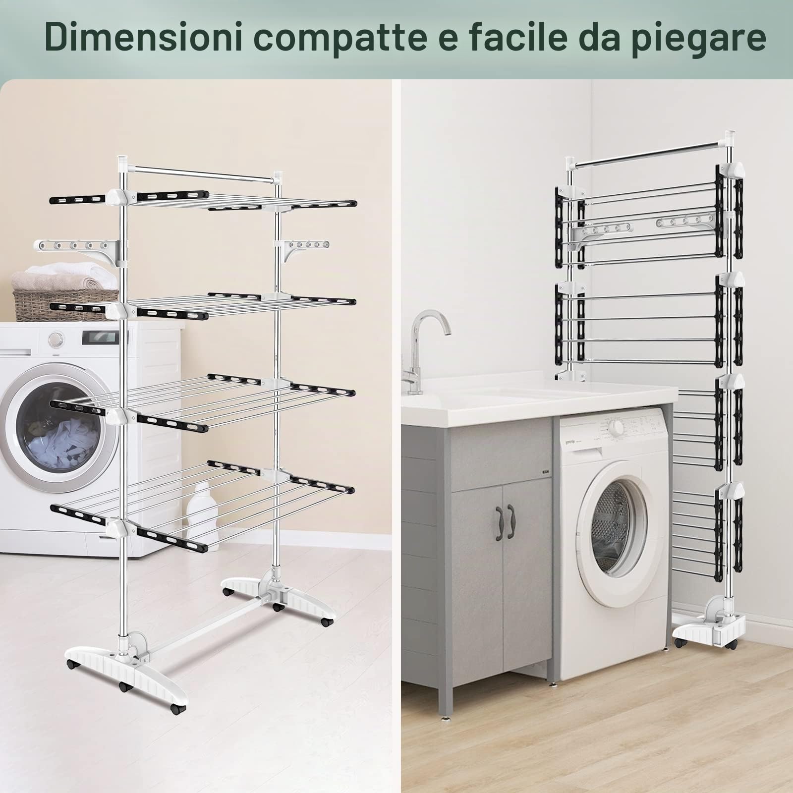 Todeco Stendibiancheria a torre pieghevole a 4 livelli in acciaio inox, asciugabiancheria a torre con 6 ruote, ali, asta superiore, stendibiancheria mobile per balcone, soggiorno, vasca da bagno, nero