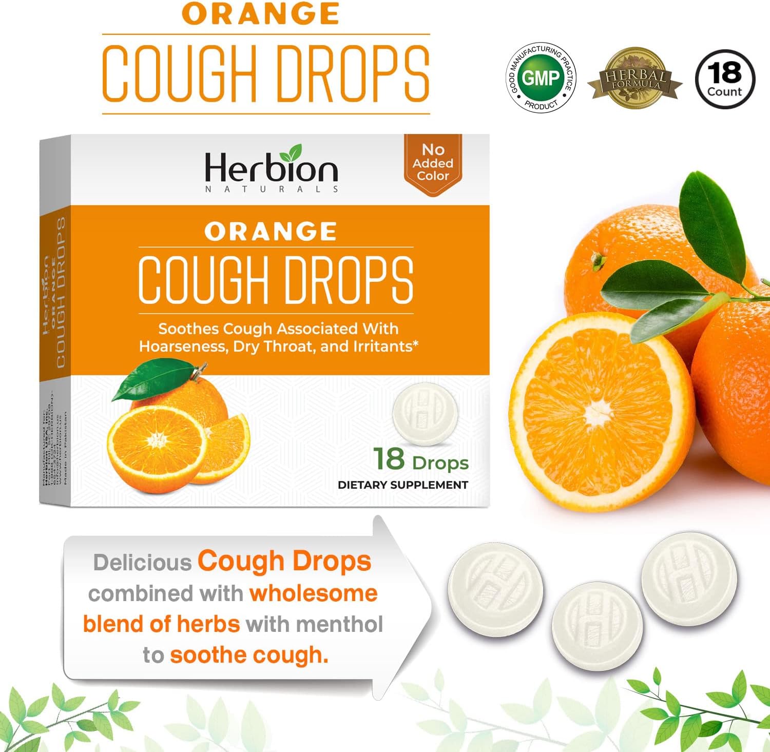 HERBION Naturals Cough Drops with Natural Orange Flavor, Dietary Supplement, Soothes Cough, for Adults and Children Over 6 Years, 18 Drops, Pack of 6