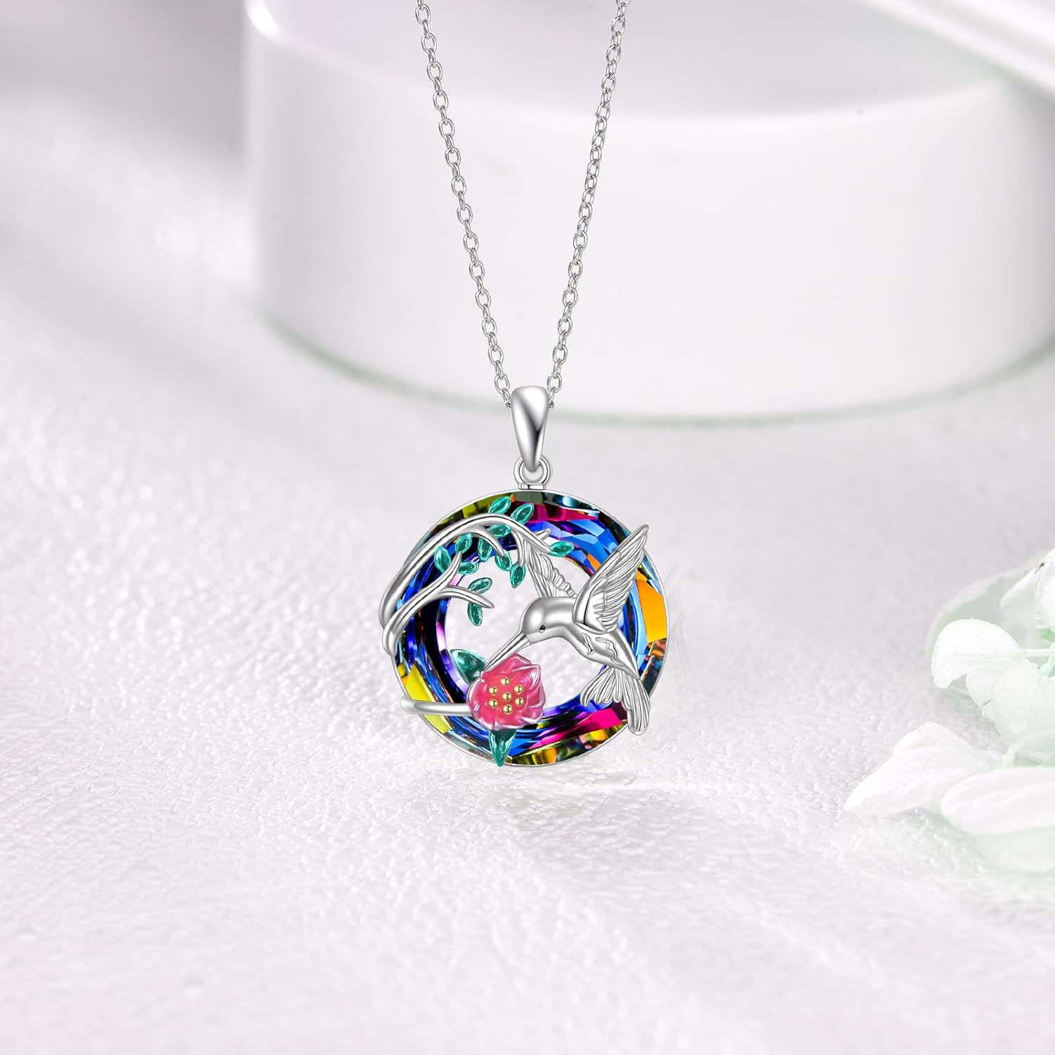 925 Sterling Silver Hummingbird Flower Necklace for Women, Colorful Crystal Hummingbird Pendant Necklace, Bird Jewelry Gift, Anniversary Birthday for Girlfriend Wife Mom 18+2 Inch - Image 2