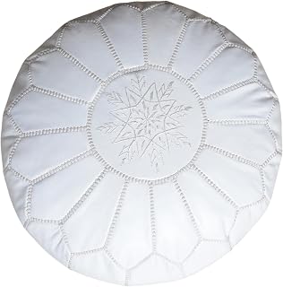 Genuine Leather Pouf Ottoman Cover, footrest - Hassock Footstool with Storage for Living Room, Round pouffe poufs Poof, Poofy Ottoman - Bohemian Moroccan Decor - Unstuffed (White)